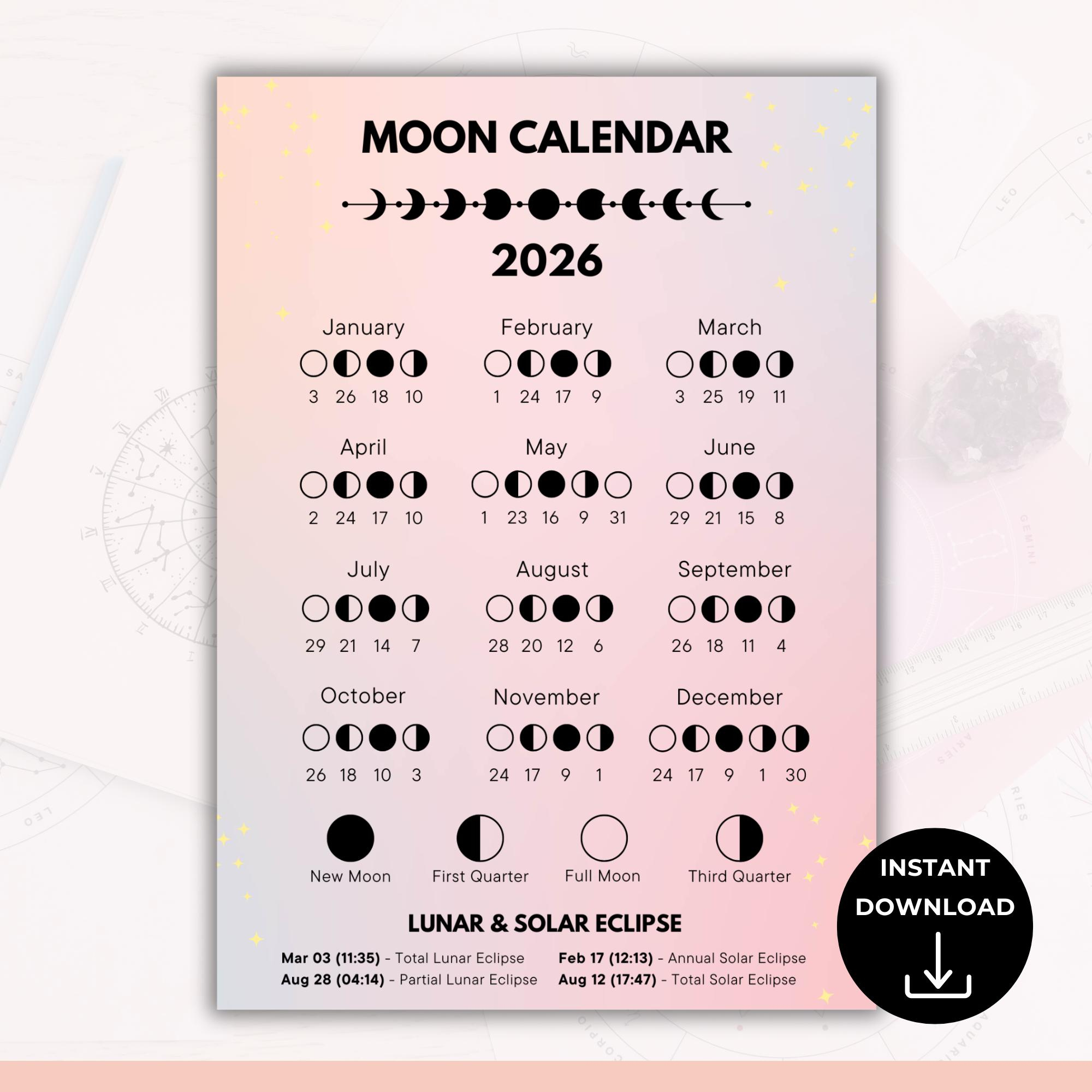 2026 Moon Phases Calendar With Plr Resell Rights, Lunar Astrology inside 2026 Full Moon Calendar Printable