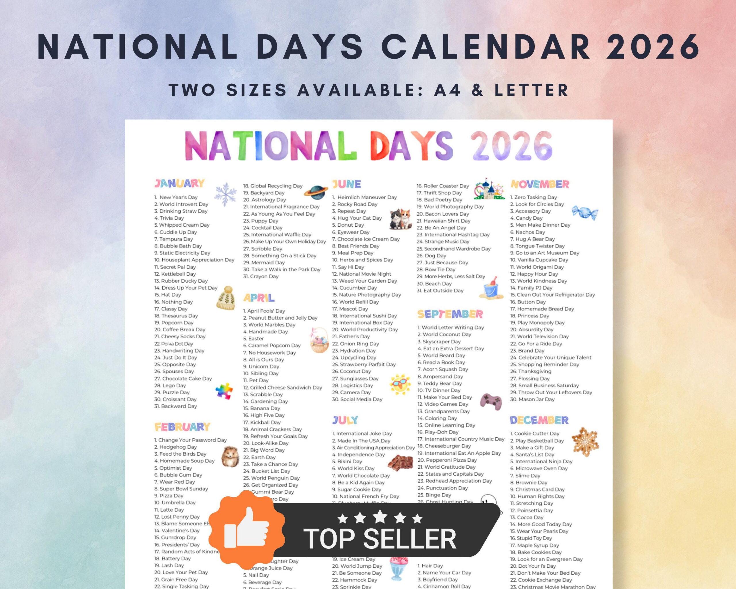 2026 National Days Calendar Printable (A4 & Letter Pdf) - Etsy Israel in National Day Calendar 2026 Printable Free