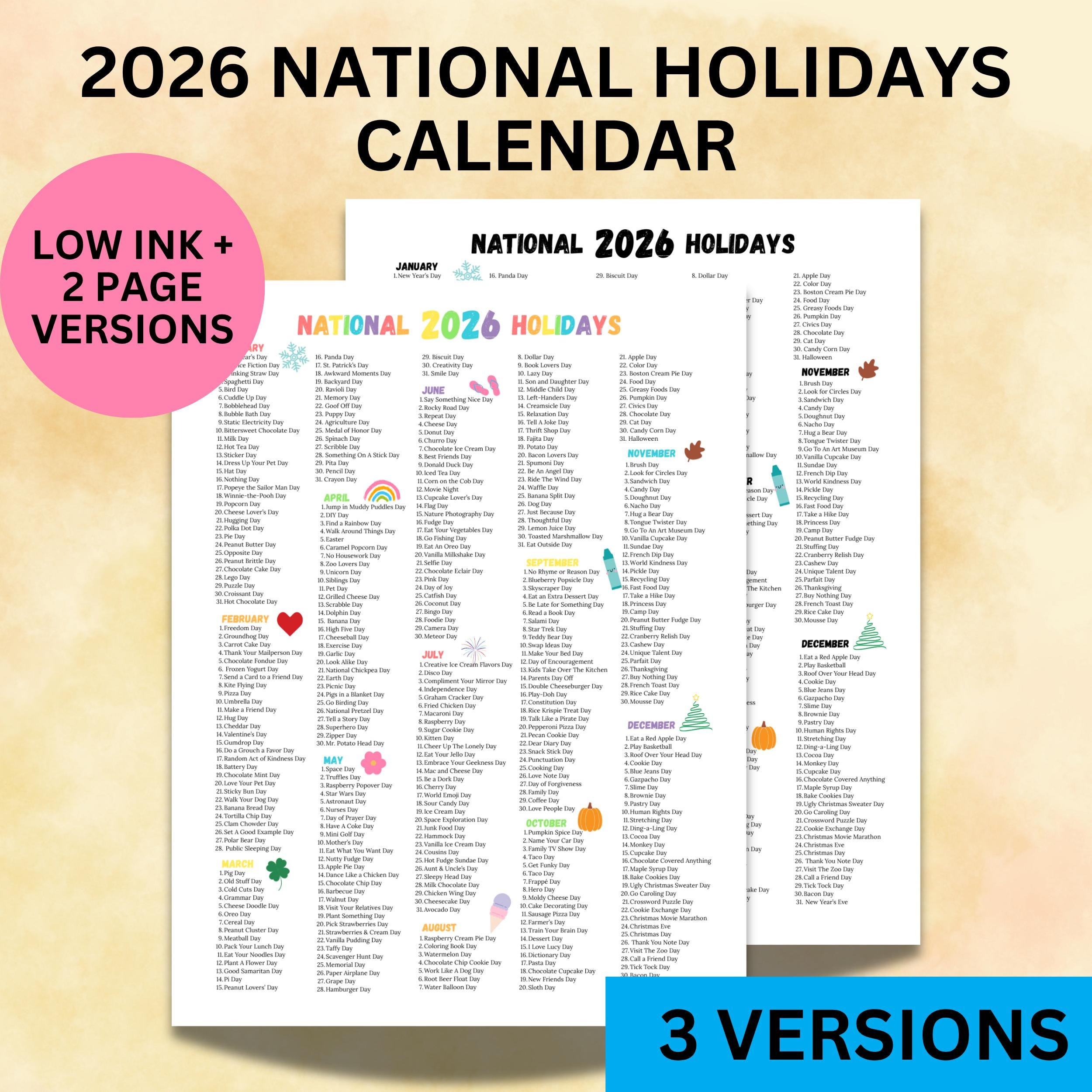 2026 National Holidays Calendar Printable, Funny Holiday List, Wacky  Holidays To Celebrate, National Days 2026 Homeschool Print, Teacher Day inside National Day Calendar 2026