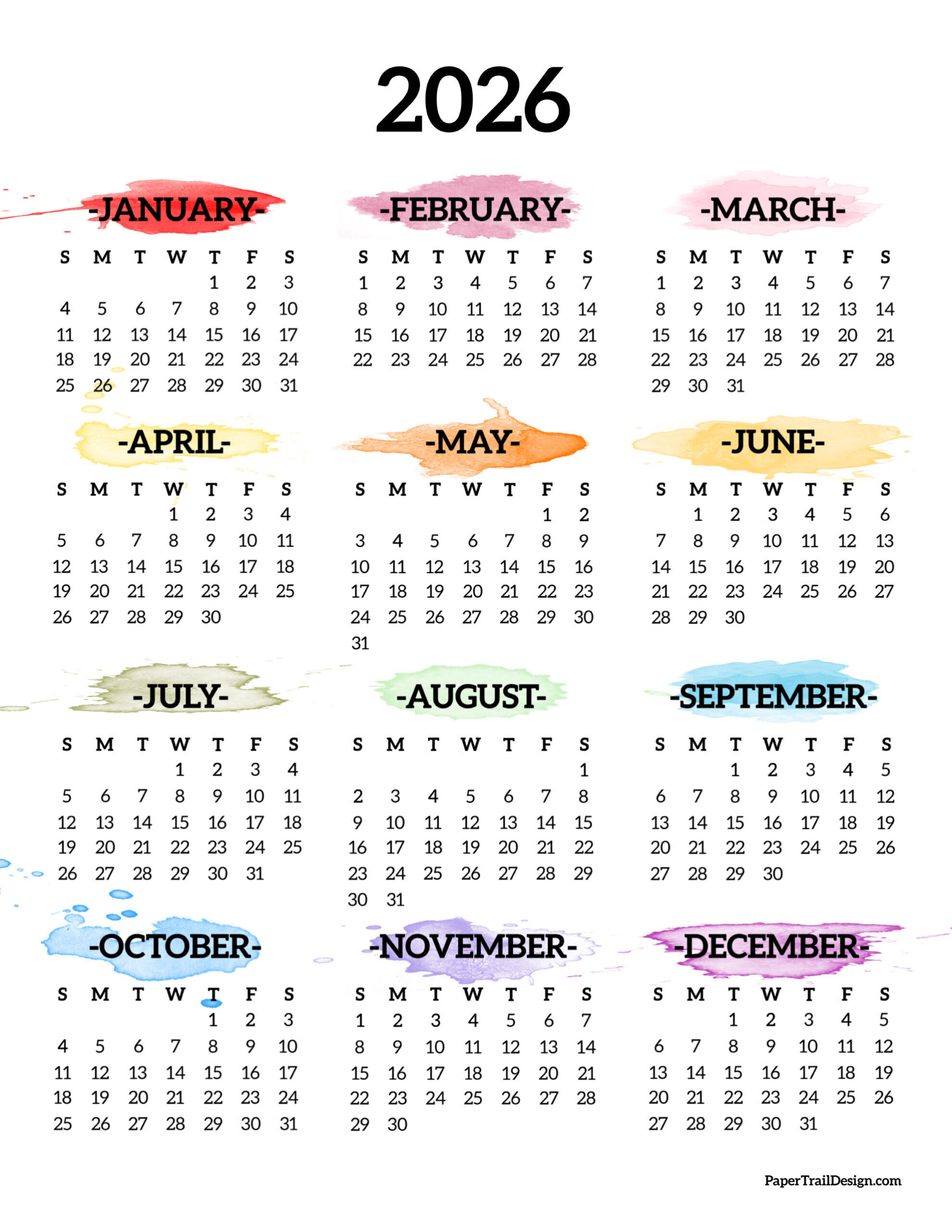 2026 Printable Calendar One Page - Paper Trail Design for Yearly Calendar 2026 Printable