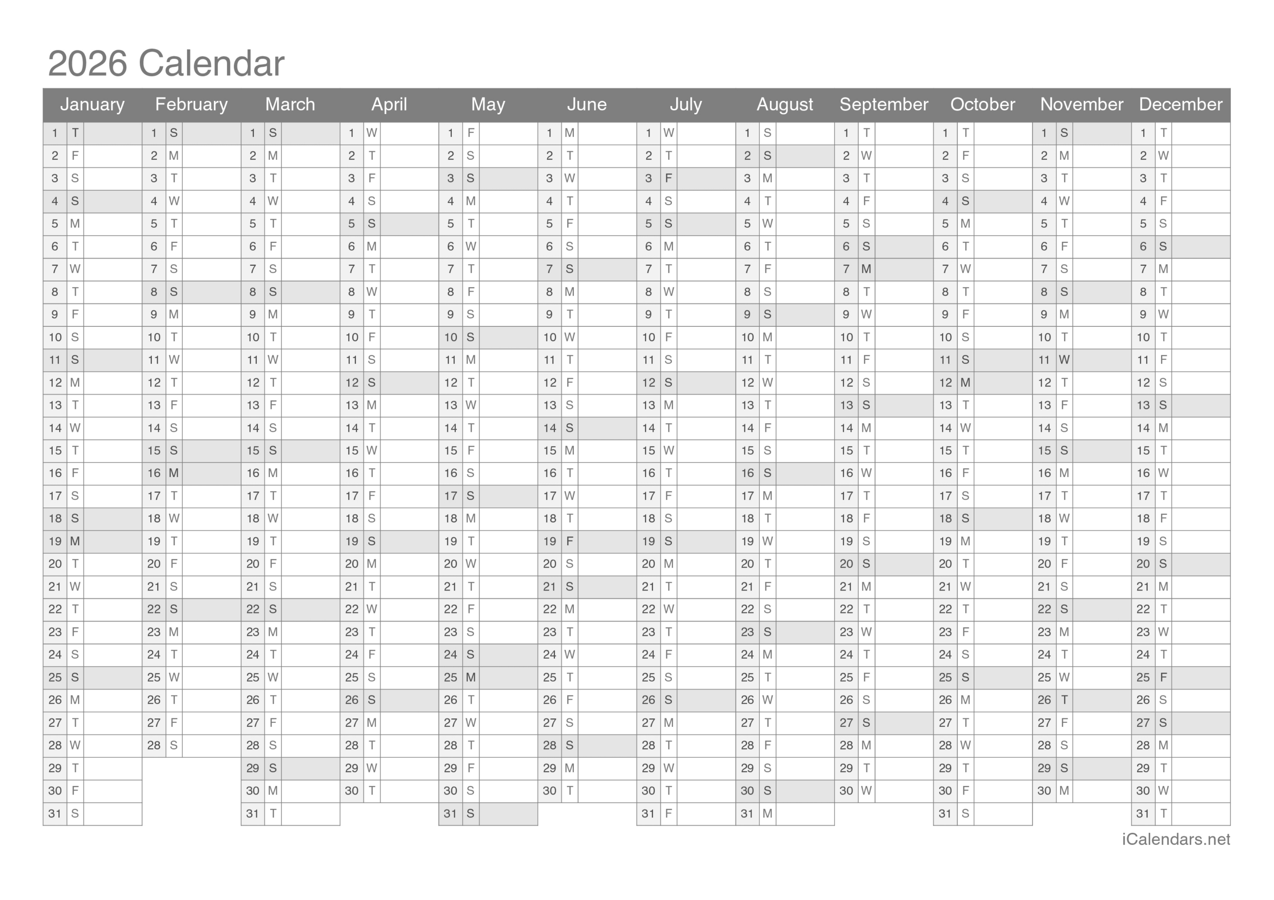 2026 Printable Calendar - Pdf Or Excel throughout Yearly Calendar 2026 Printable