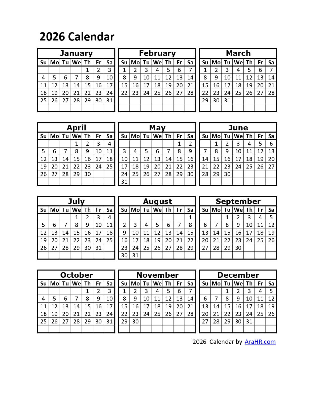 2026 Printable Calendar Template - Excel - Pdf - Image throughout Yearly Attendance Calendar 2026