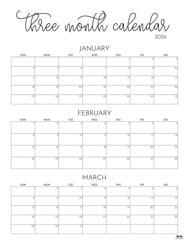 2026 Three Month/Quarterly Calendars - 36 Free Cals | Printabulls intended for Printable Calendar 2026 January February March