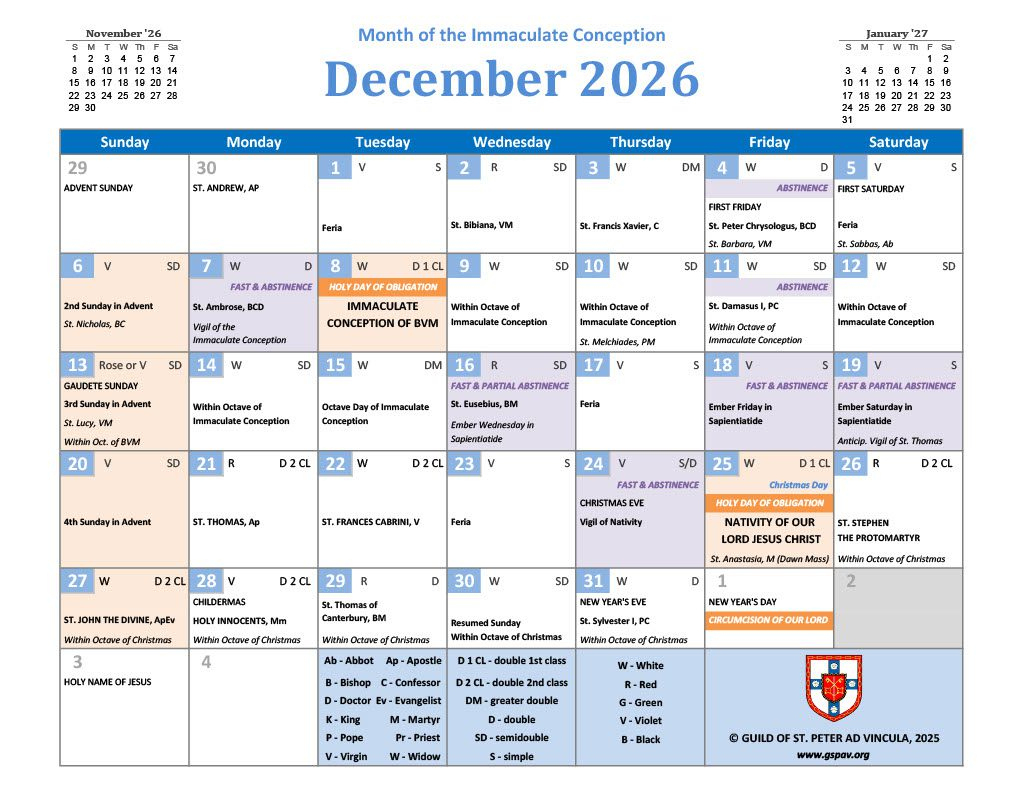 2026 Traditional Catholic Calendar - Guild Of St. Peter Ad Vincula intended for Catholic Calendar 2026 With Holidays