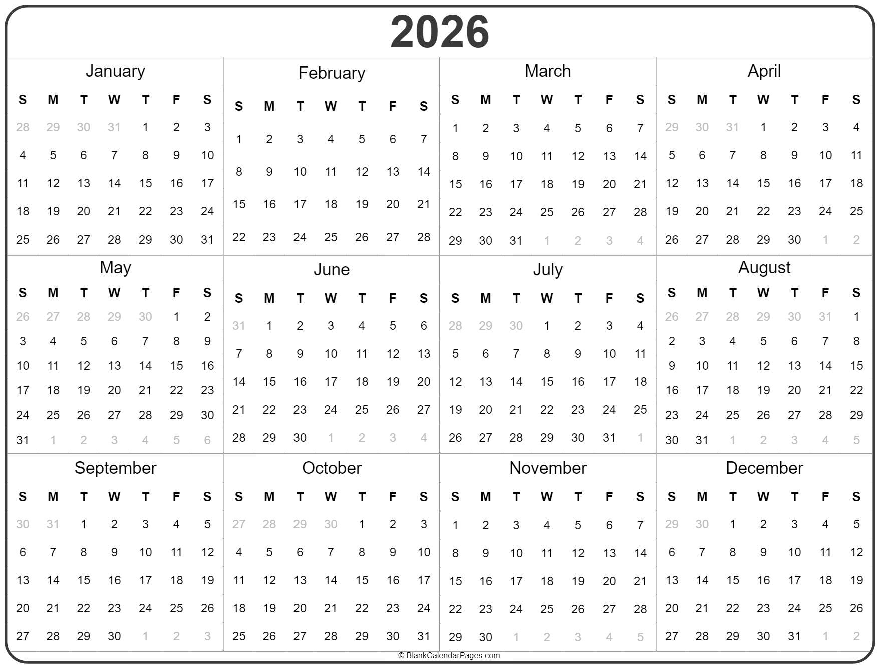 2026 Year Calendar | Yearly Printable within Yearly Overview 2026 Calendar