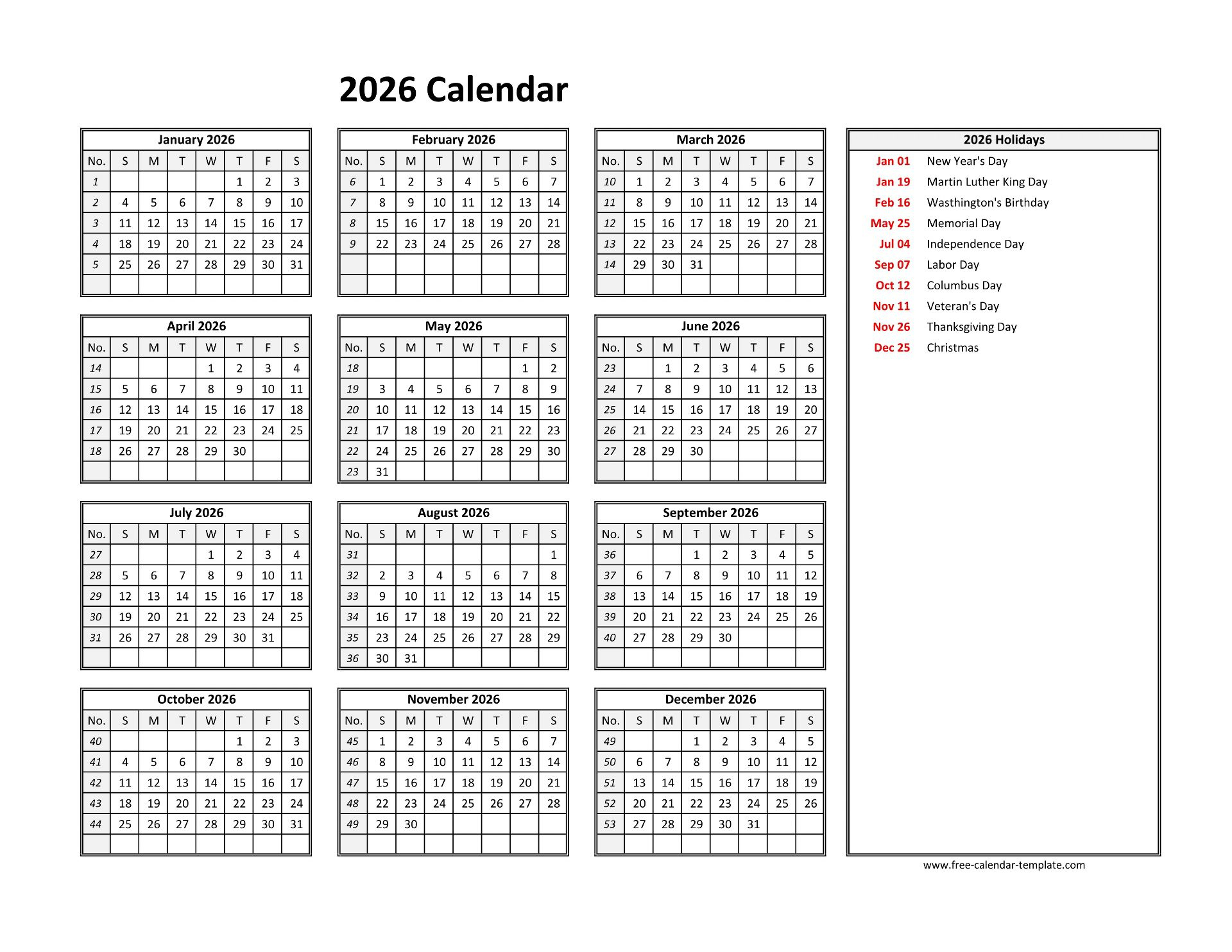 2026 Yearly Calendar Printable With Week Numbers | Free-Calendar throughout Free Printable 2026 Employee Attendance Calendar