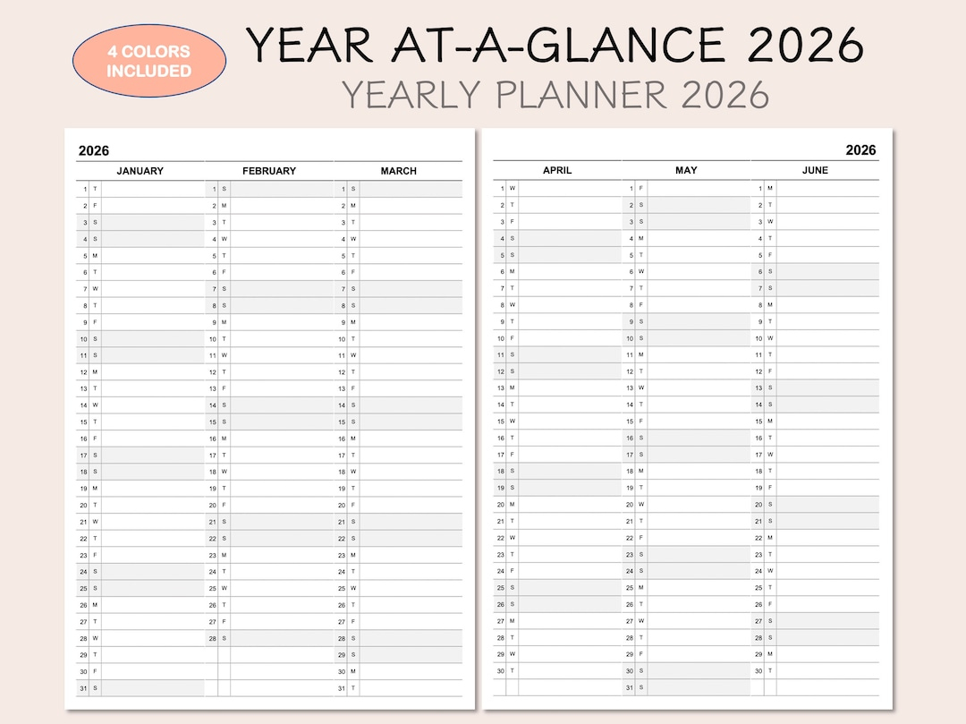 2026 Yearly Planner Calendar, Year At-A-Glance, 4 Colors inside At a Glance Yearly Calendar 2026