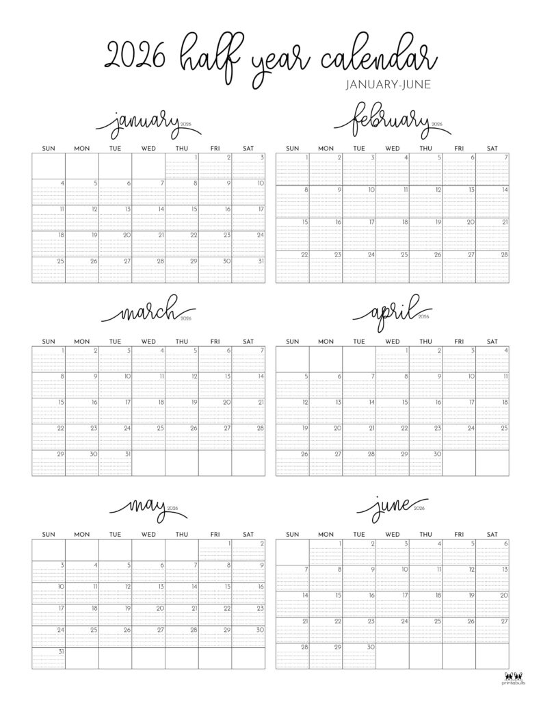 6 Month Calendars 2026 - 40 Free Calendars | Printabulls intended for January To June 2026 Calendar Printable