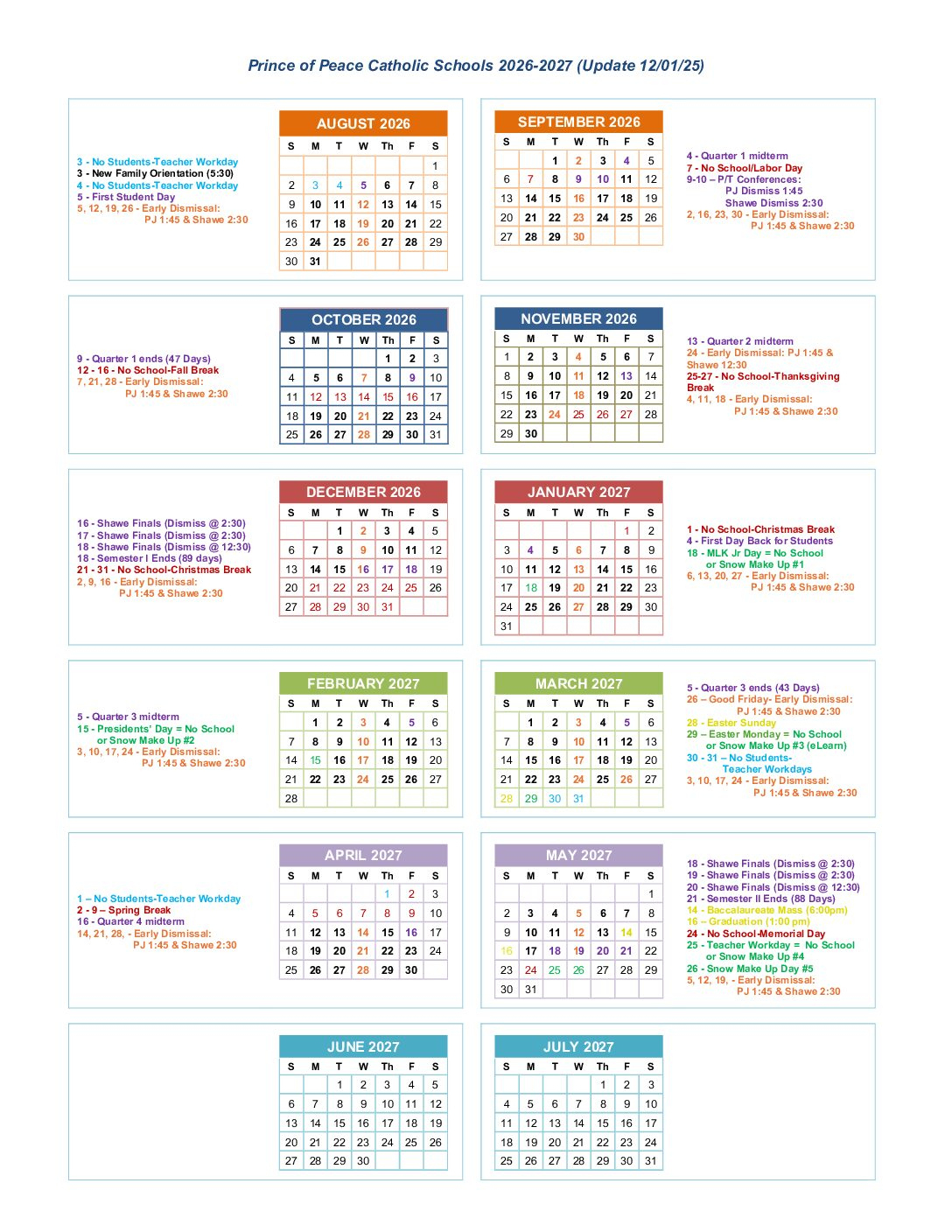 Academic & Lunch Calendars - Prince Of Peace Catholic Schools intended for Catholic Calendar 2026 - 2027