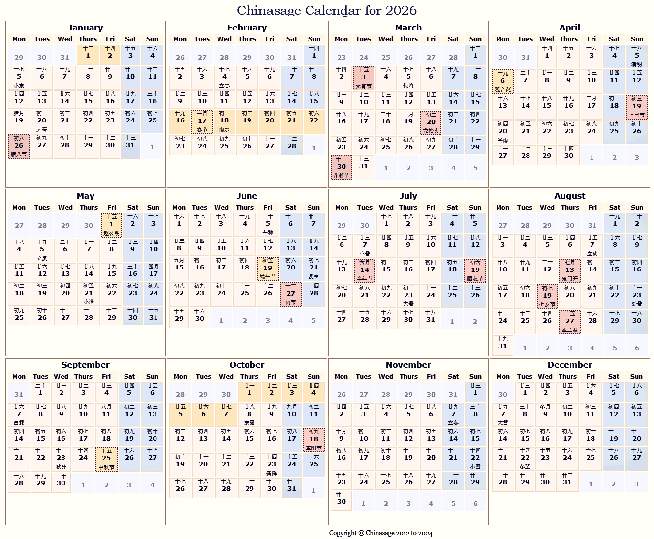 Asia Calendar 2026 - Printable with regard to Chinese Calendar 2026 Singapore