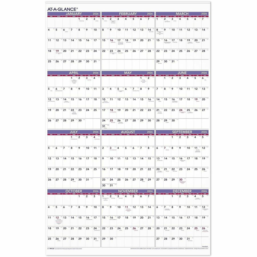 At-A-Glance Recycled Yearly Wall Calendar 24&amp;quot; X 36&amp;quot; English inside 2026 Calendar with Julian Dates