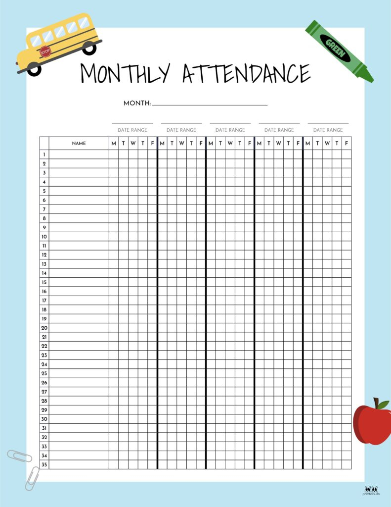 Attendance Sheets - 52 Free Printables | Printabulls with regard to Class Attendance Register 2026