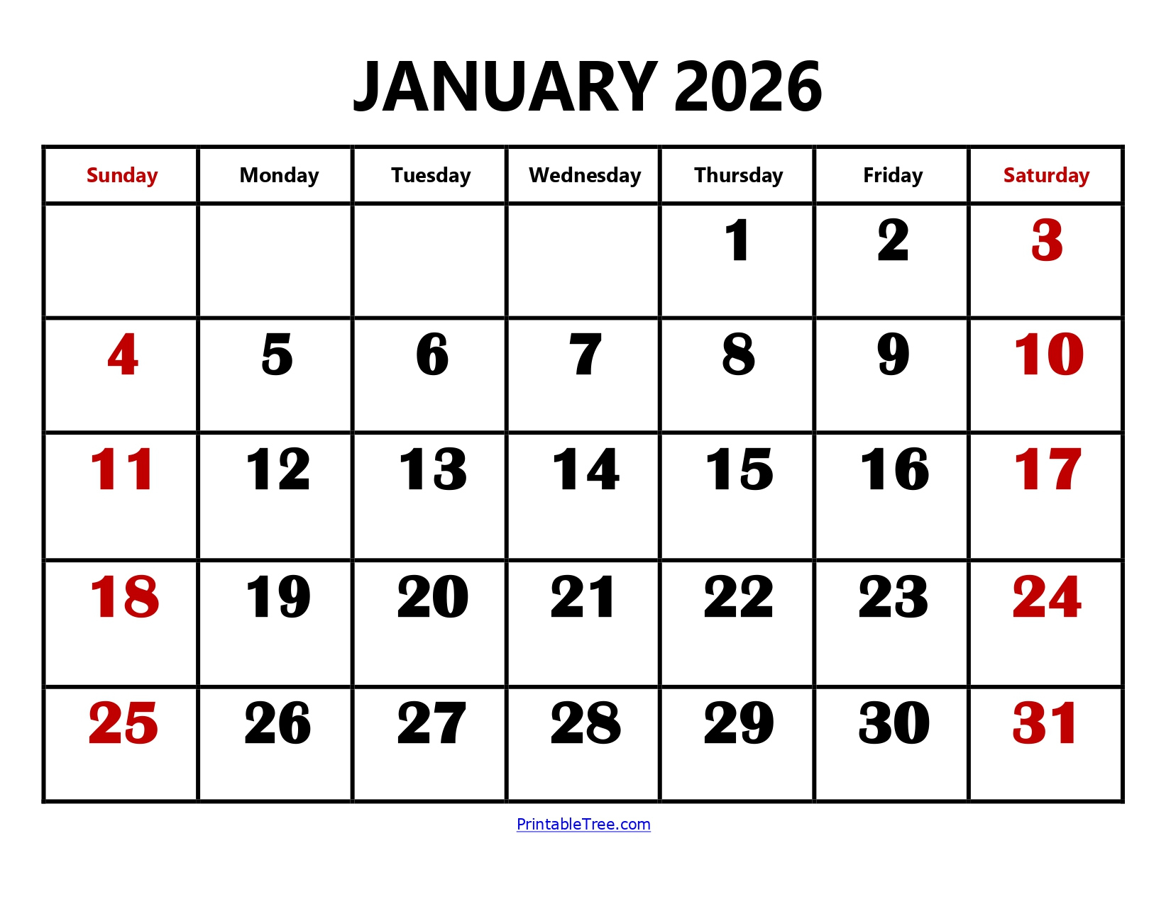 Blank January 2026 Calendar Printable Pdf Templates in Calendar January 2026 Printable