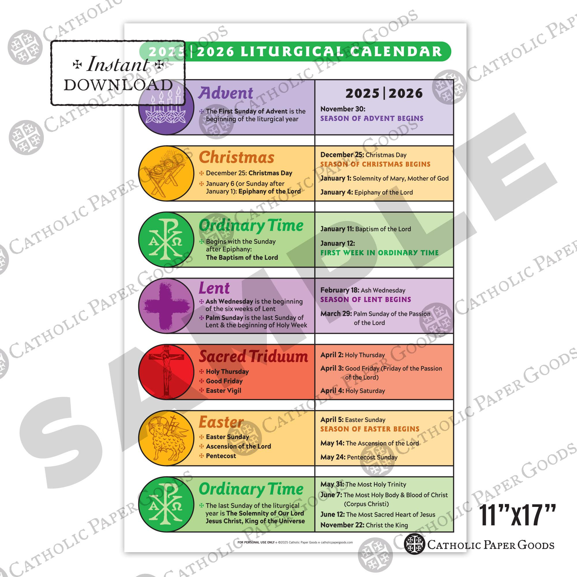 Catholic Liturgical Calendar 2025-26: 11X17 Color Poster (Digital for Catholic Liturgical Calendar 2026 Printable