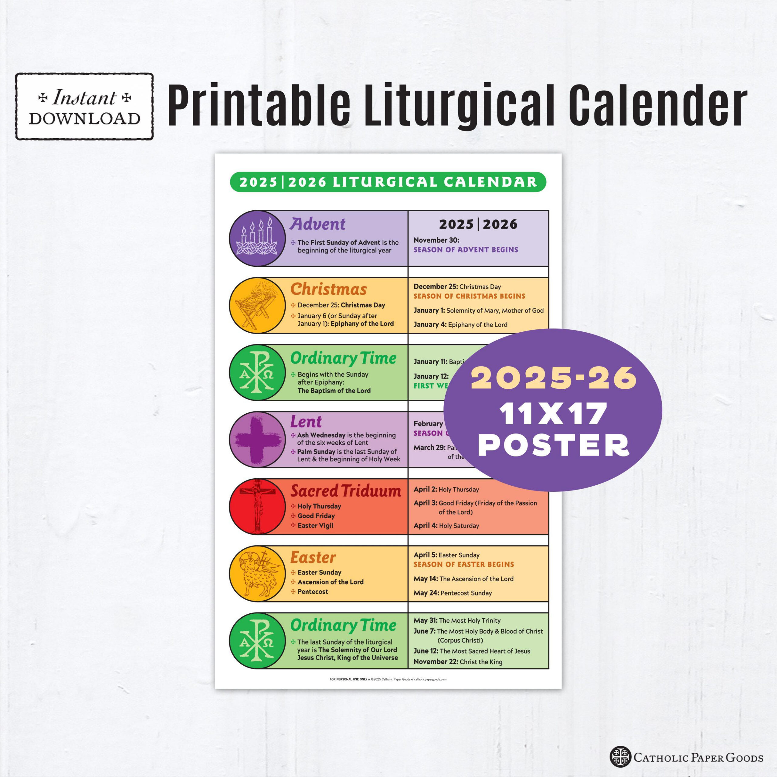 Catholic Liturgical Calendar 2025-26: 11X17 Color Poster (Digital for Liturgical Calendar 2026 Philippines