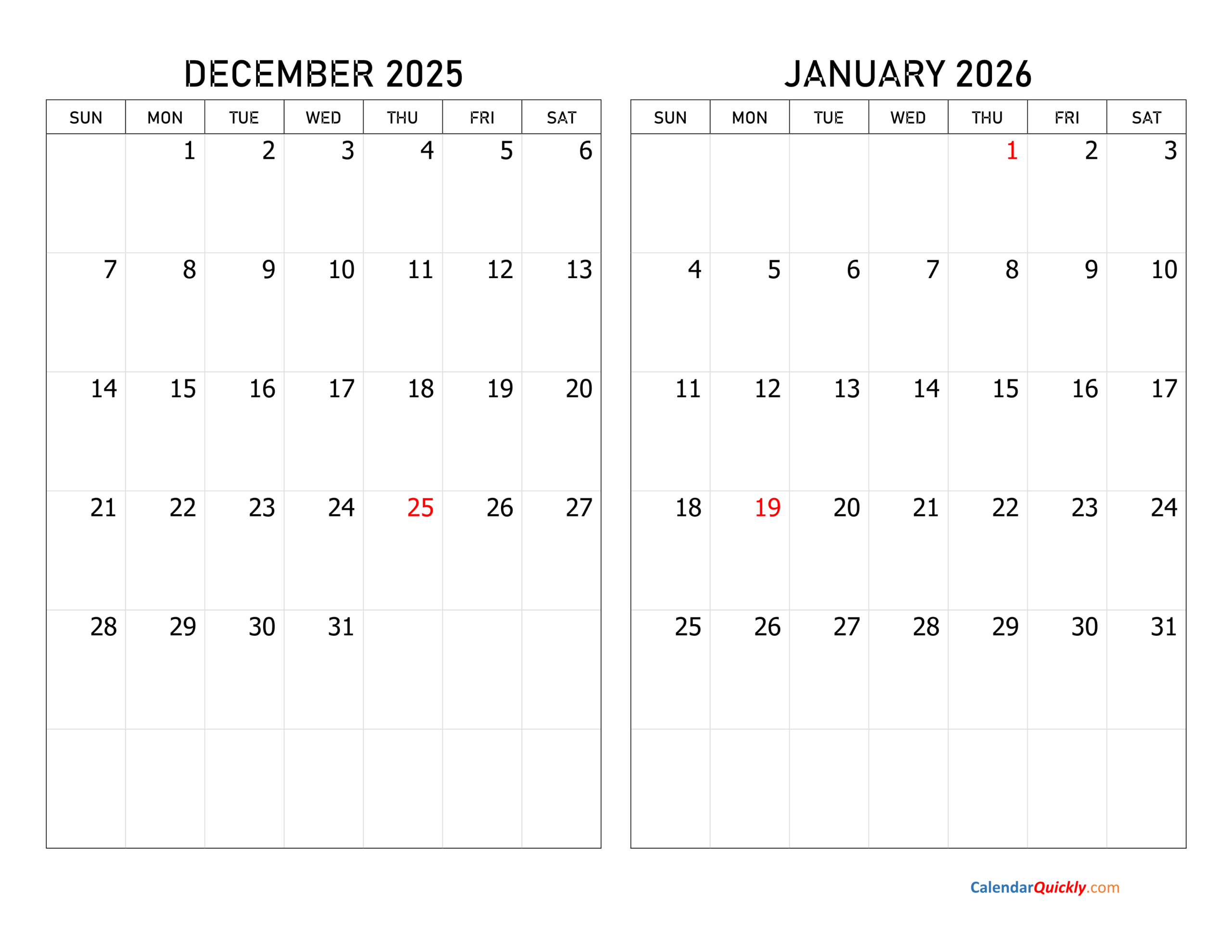 December 2025 And January 2026 Calendar | Calendar Quickly inside December 2025 - January 2026 Calendar Printable