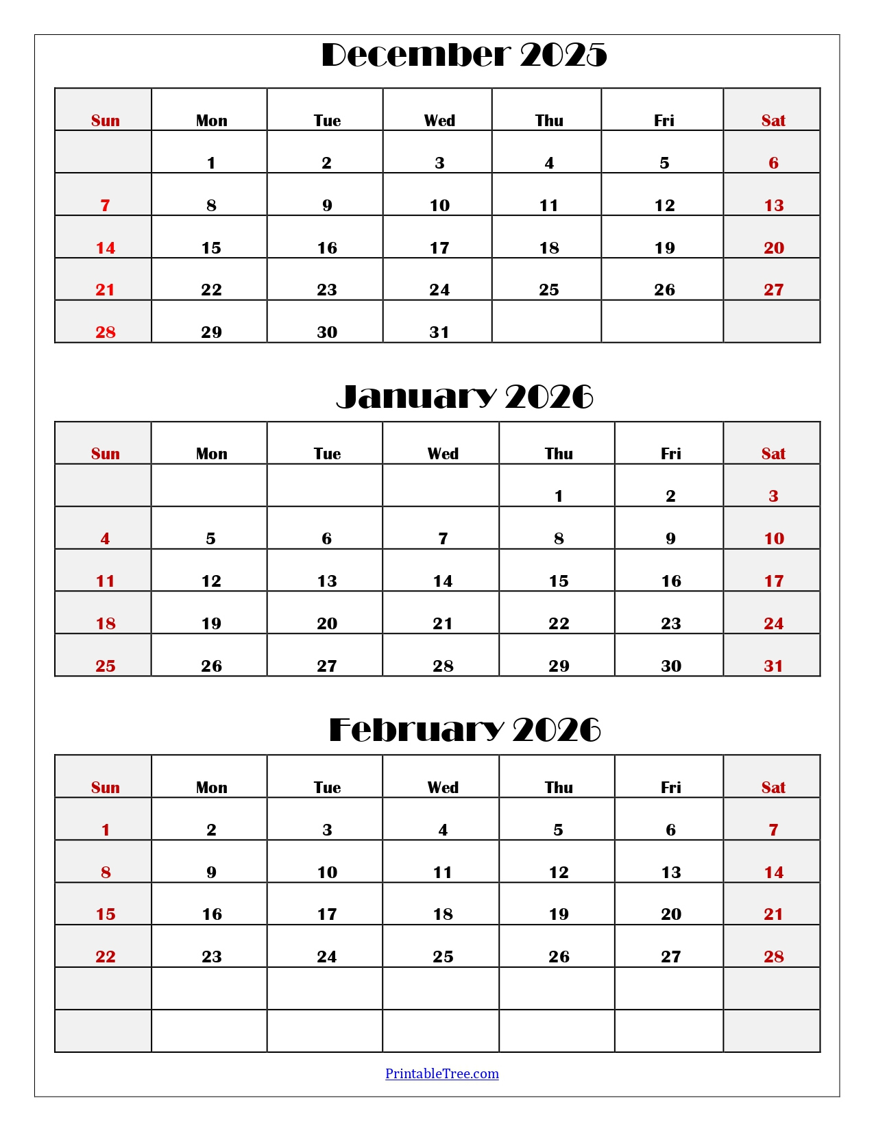 December To February 2026 Calendar Printable Pdf | Three Months throughout Printable 3 Month Calendar December 2025 - January 2026 February