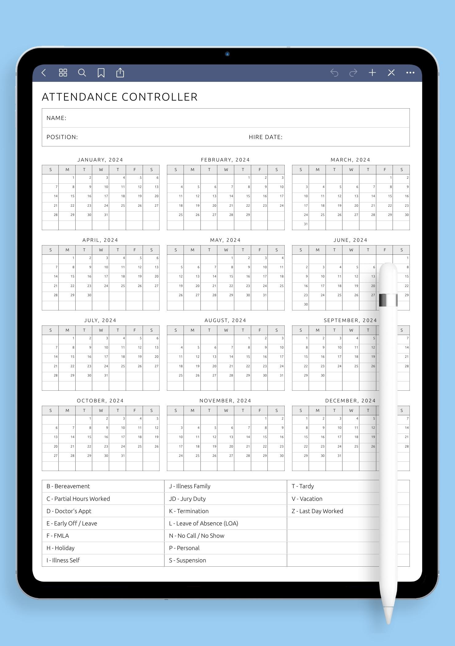 Download Printable Attendance Controller Template Pdf with regard to Free Printable 2026 Employee Attendance Calendar Free Download