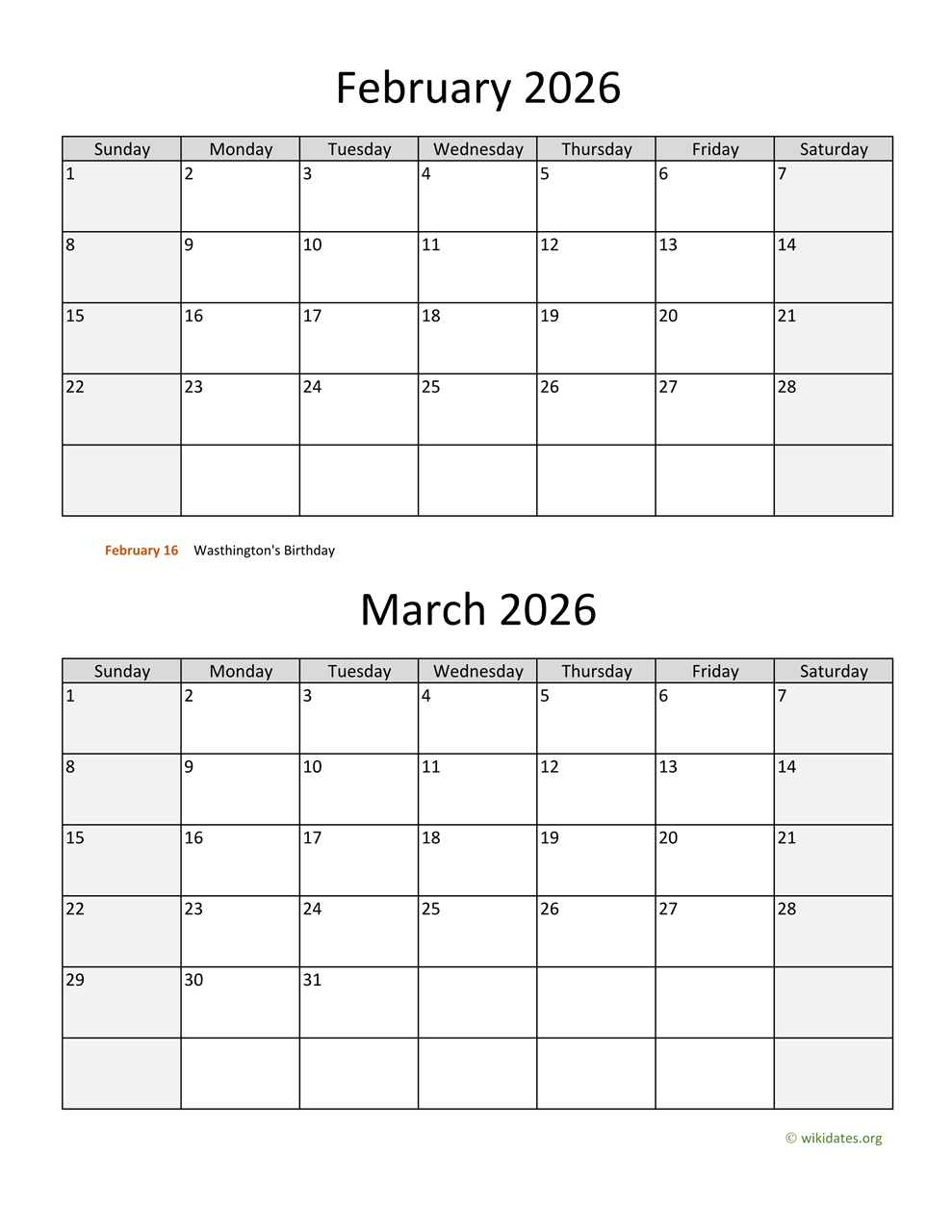 February And March 2026 Calendar | Wikidates with regard to Printable Calendar January February March 2026