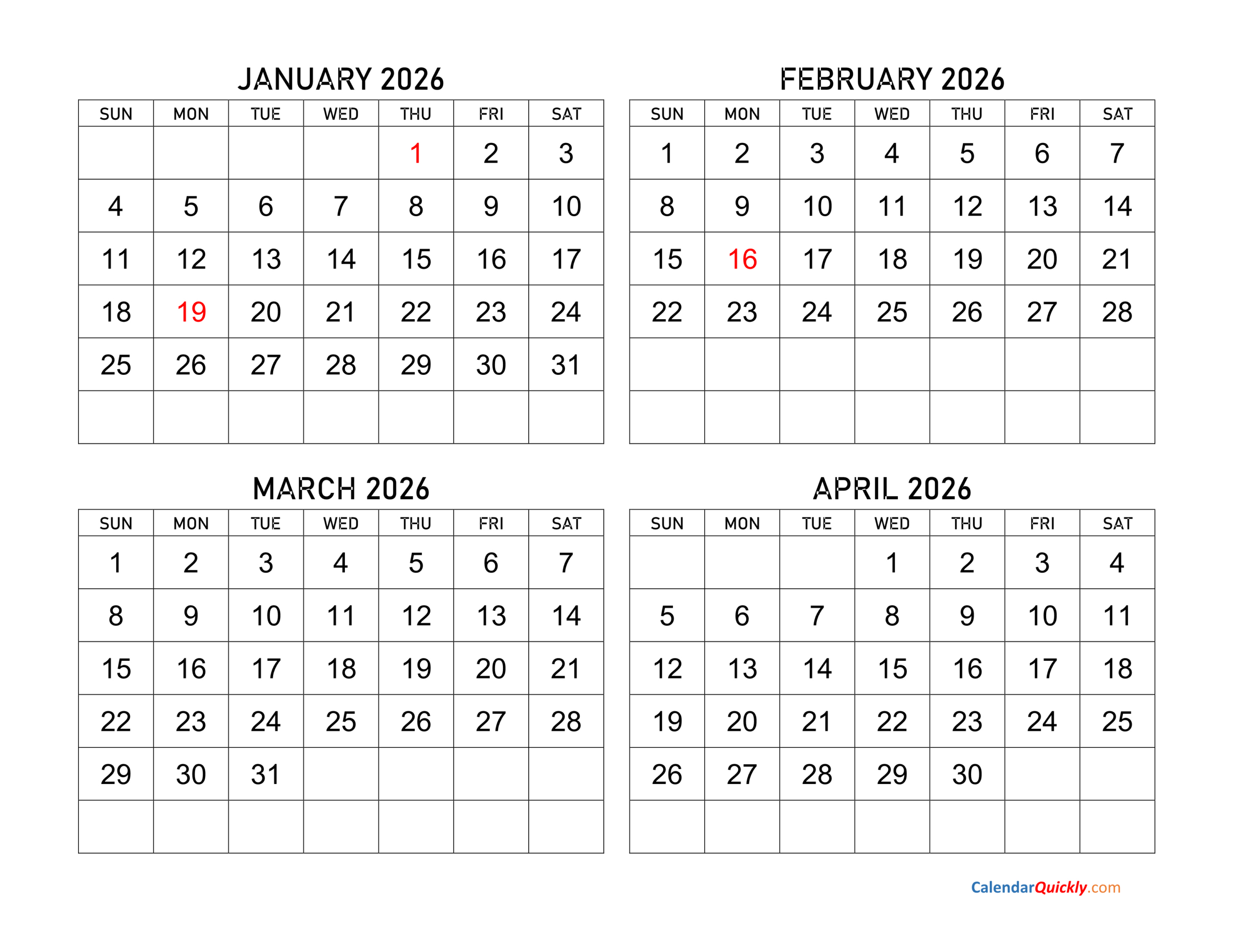 Four Months 2026 Calendar | Calendar Quickly intended for Printable Calendar 2026 January February March