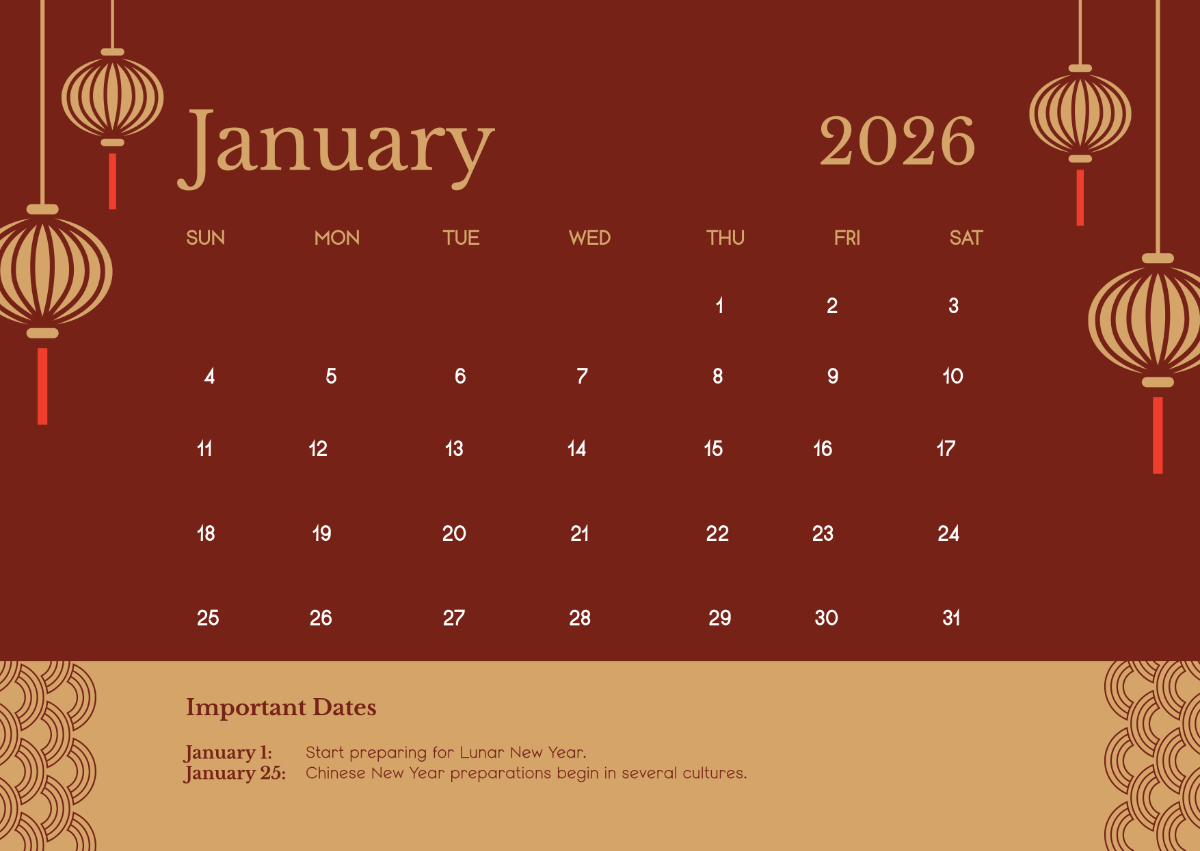 Free January 2026 Lunar Calendar Template To Edit Online pertaining to Chinese Calendar 2026 Printable