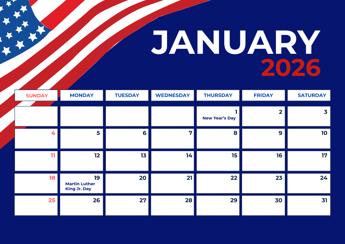 Free January 2026 Usa Calendar Template To Edit Online for Calendar For January 2026 United States