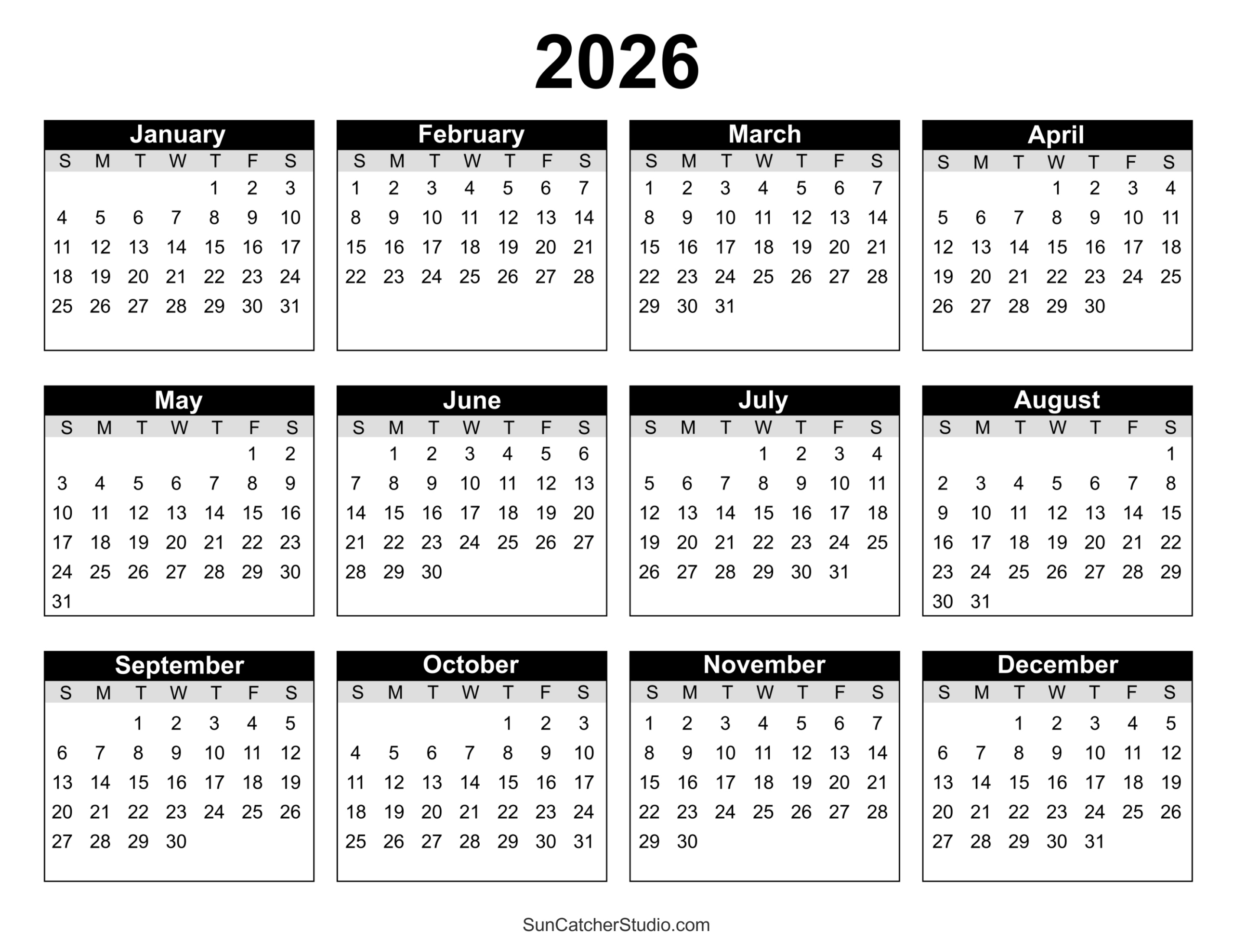 Free Printable 2026 Yearly Calendar – Free Printables, Lettering within Calendar For Year 2026 (United States)