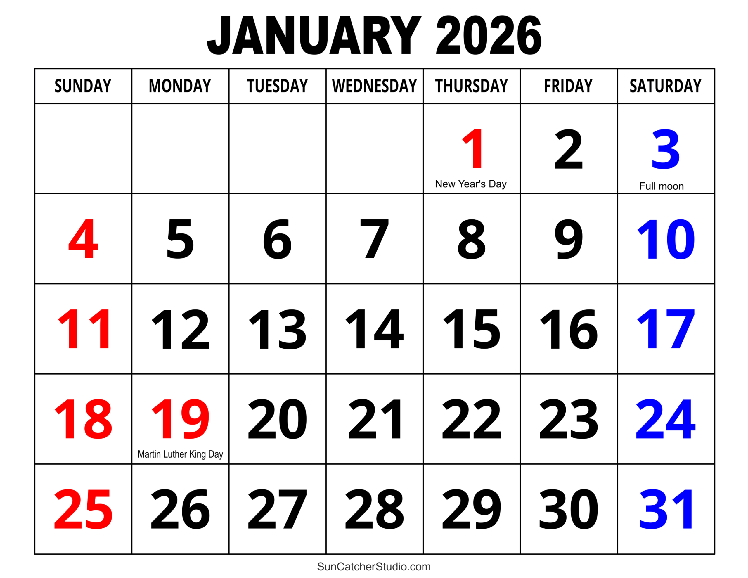 January 2026 Calendar (Free Printable) – Free Printables for Free Printable January 2026 Calendar Numbers