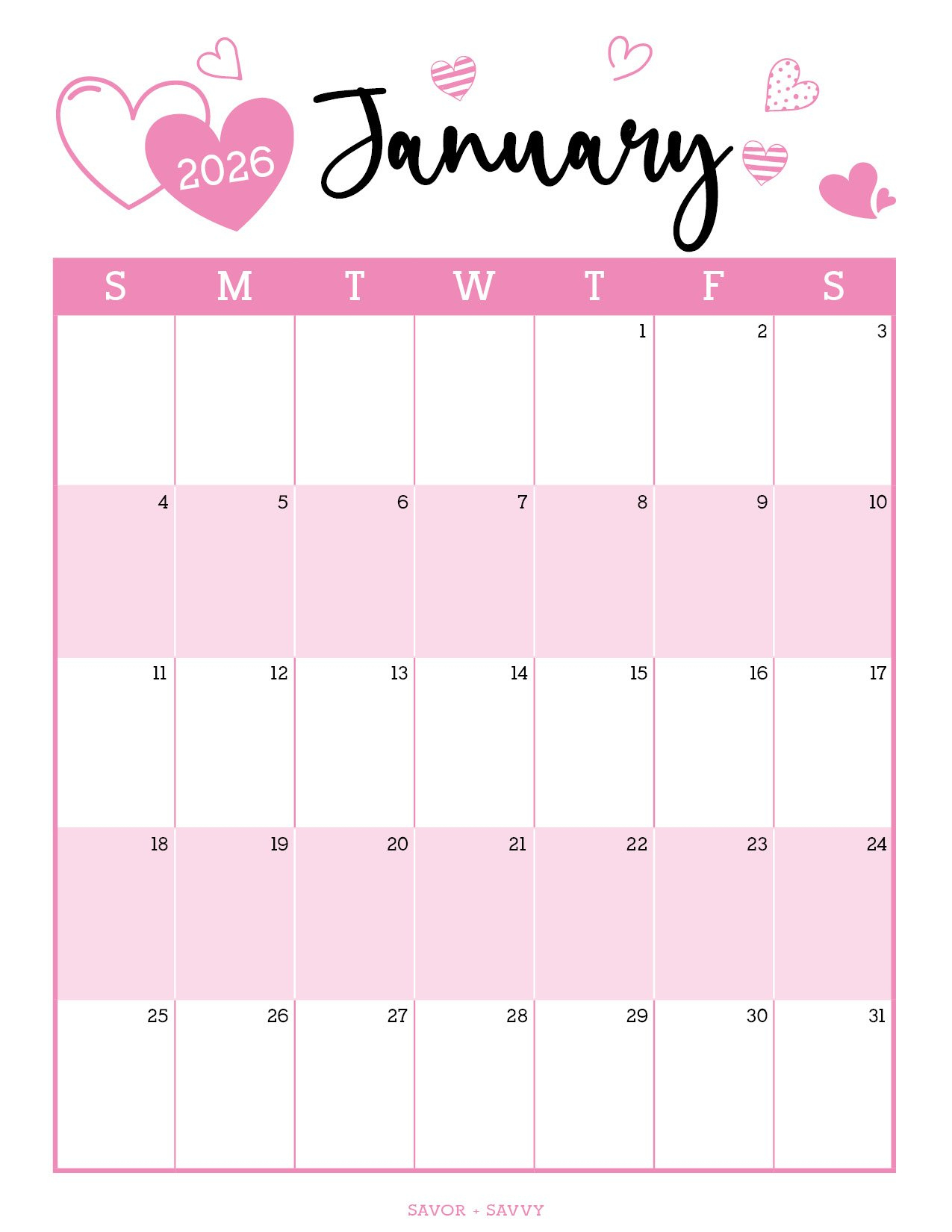 January 2026 Calendar Templates - 14 Free Printables - Savor + Savvy for January 2026 Calendar Printable Pink