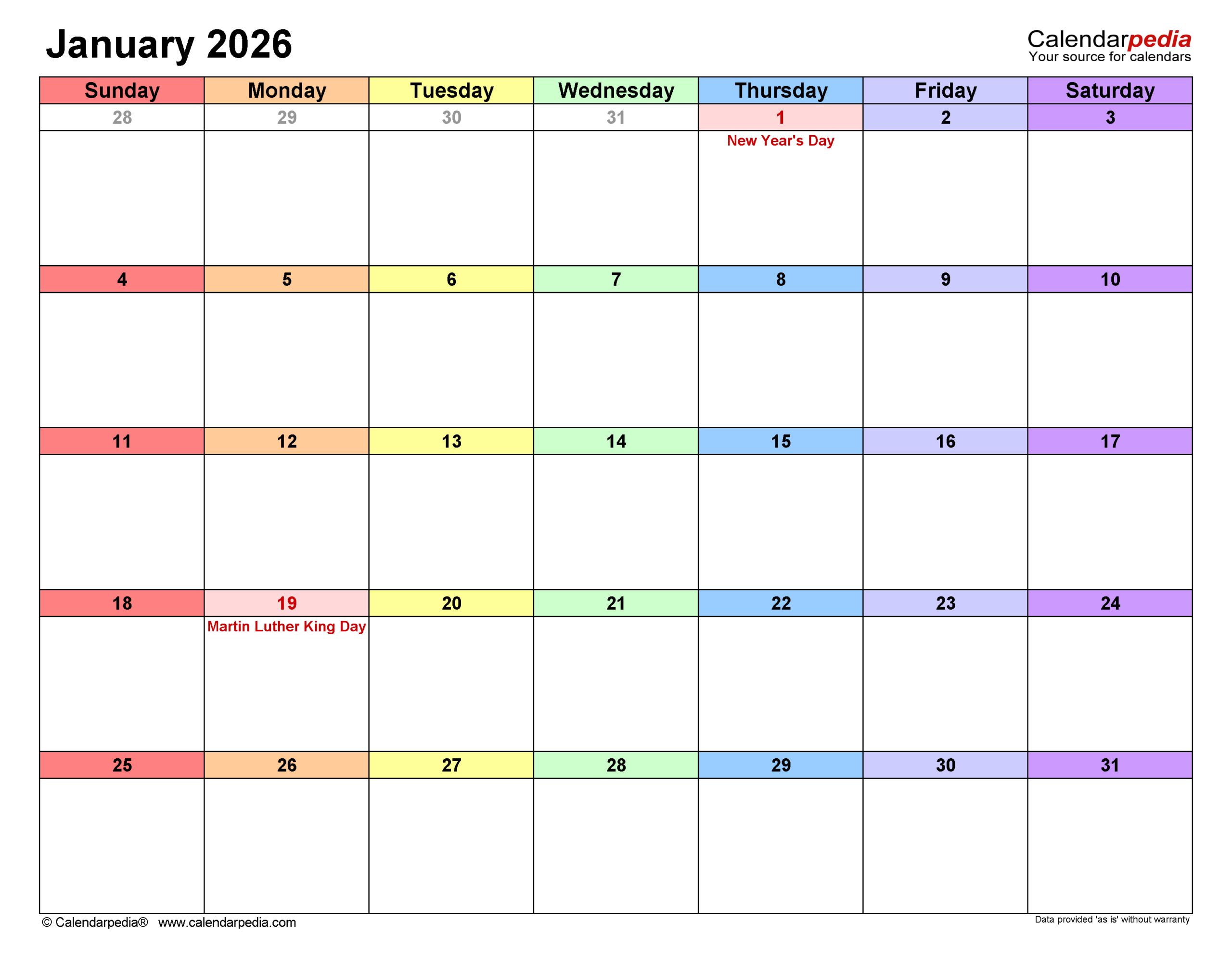 January 2026 Calendar | Templates For Pdf, Excel And Word throughout Staff Attendance For January 2026