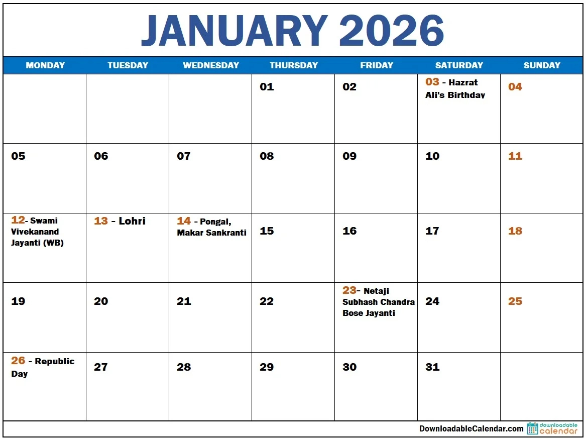 January 2026 Calendar: Transform Your Plans Into Success within January 2026 Calendar With Indian Holidays Printable
