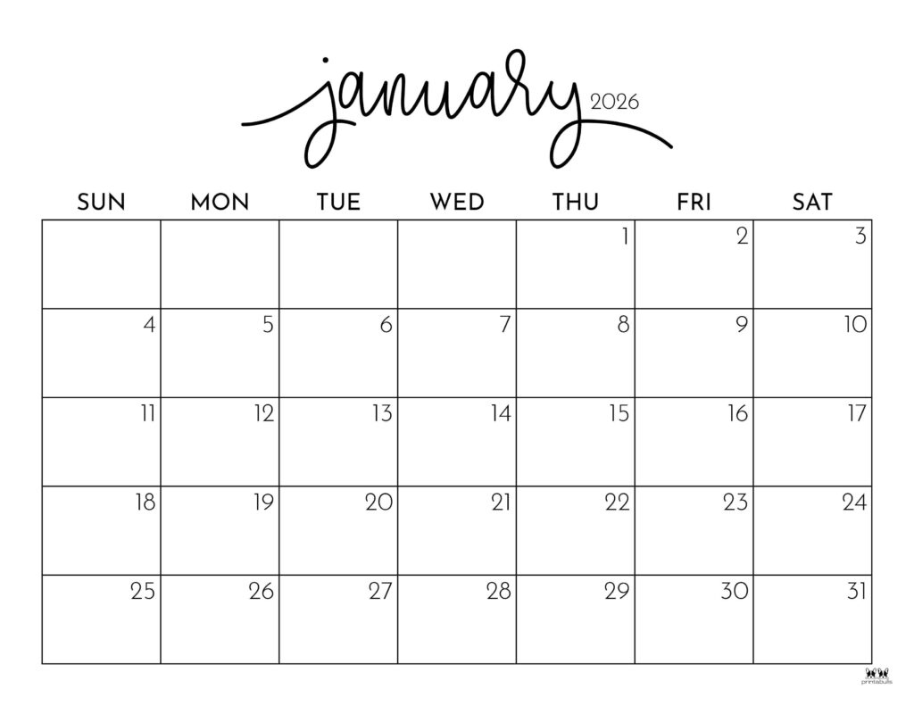 January 2026 Calendars - 123 Free Printables | Printabulls for Free Printable January 2026 Calendar Numbers