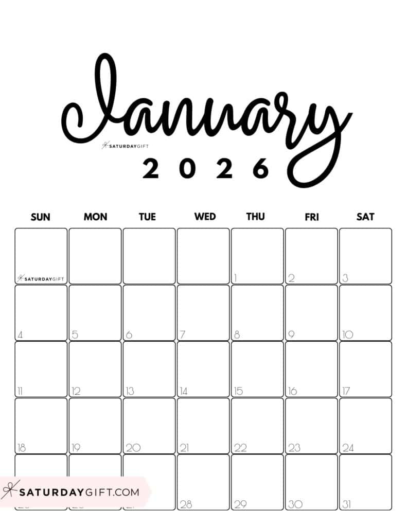 January 2026 Calendars - 23 Cute Free Printable Pdfssaturdaygift inside January 2026 Calendar Printable Vertical
