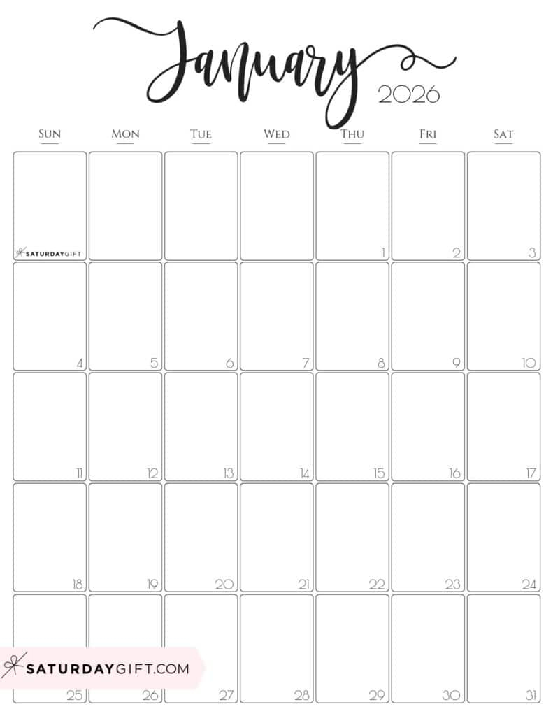January 2026 Calendars - 23 Cute Free Printable Pdfssaturdaygift throughout January 2026 Calendar Printable Portrait