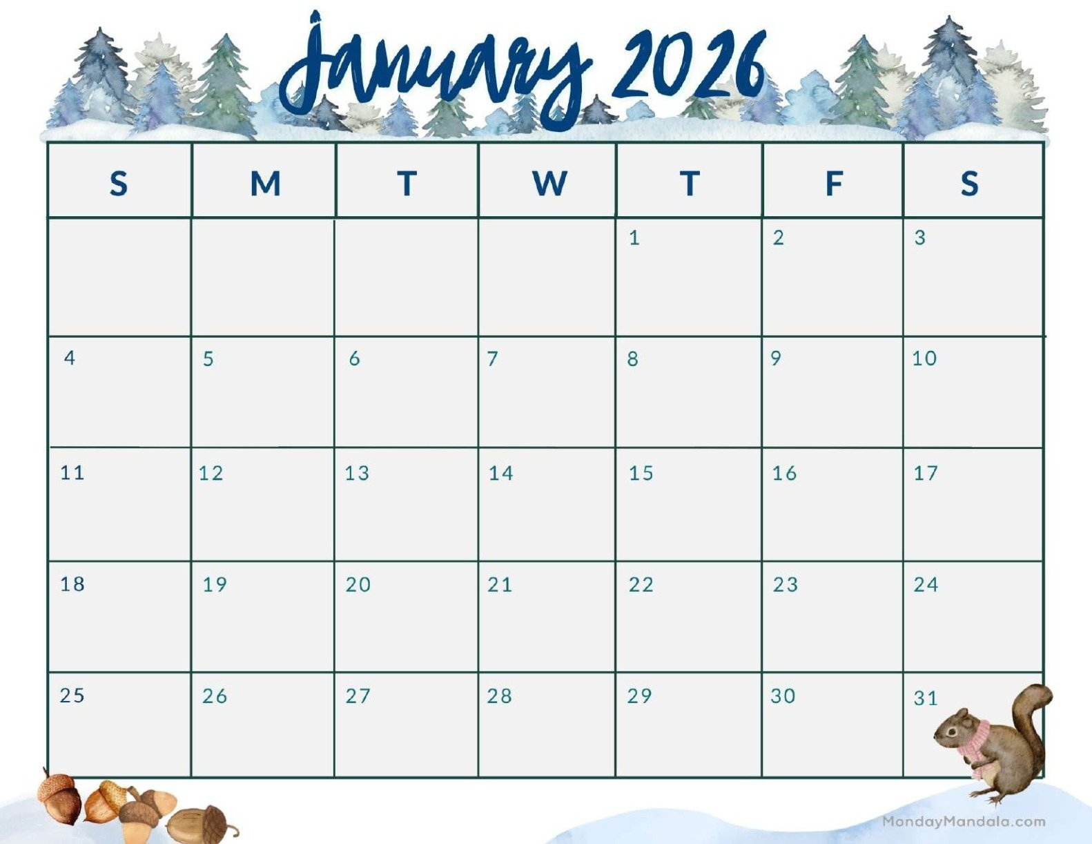 January 2026 Calendars (Free Pdf Printables) inside January Printable Calendar 2026