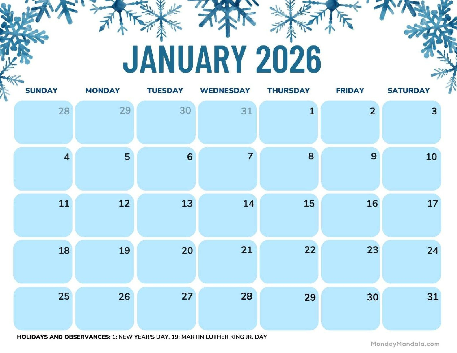 January 2026 Calendars (Free Pdf Printables) intended for Printable January 2026 Calendar with Holidays