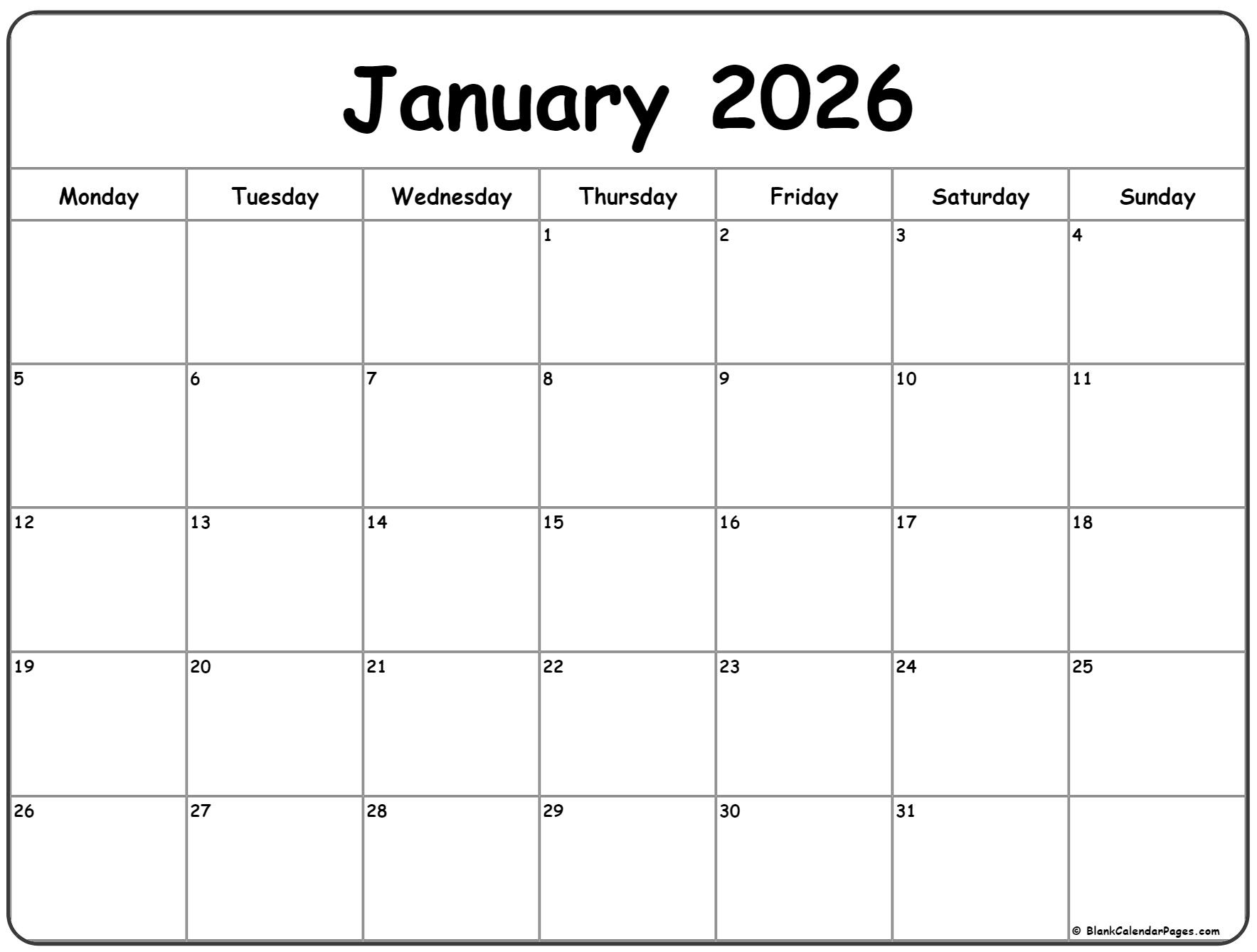 January 2026 Monday Calendar | Monday To Sunday for January 2026 Calendar Printable Monday Start
