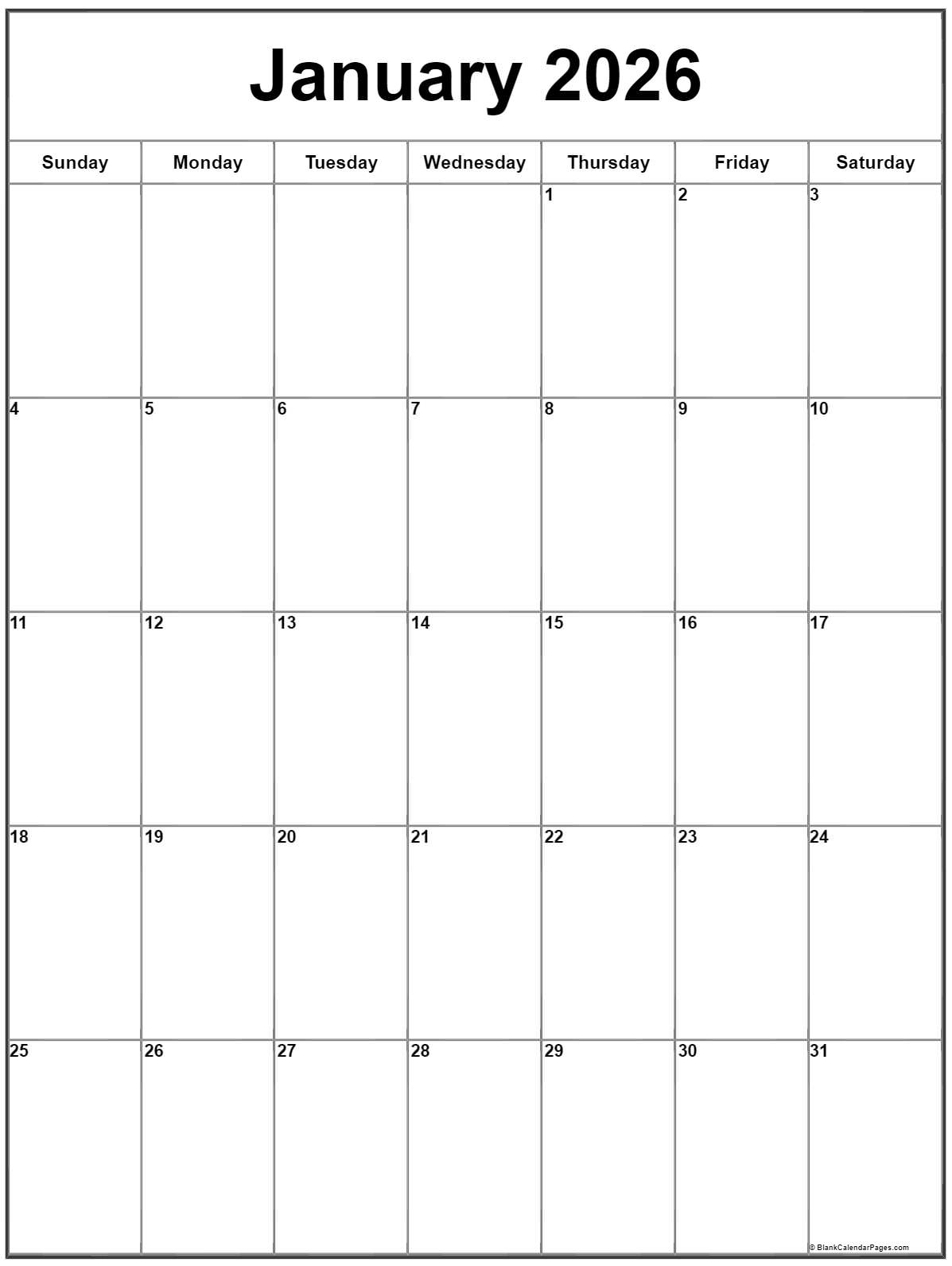 January 2026 Vertical Calendar | Portrait throughout January 2026 Calendar Vertical Printable