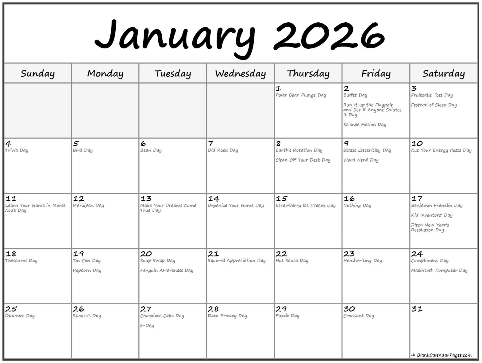 January 2026 With Holidays Calendar in National Day Calendar January 2026