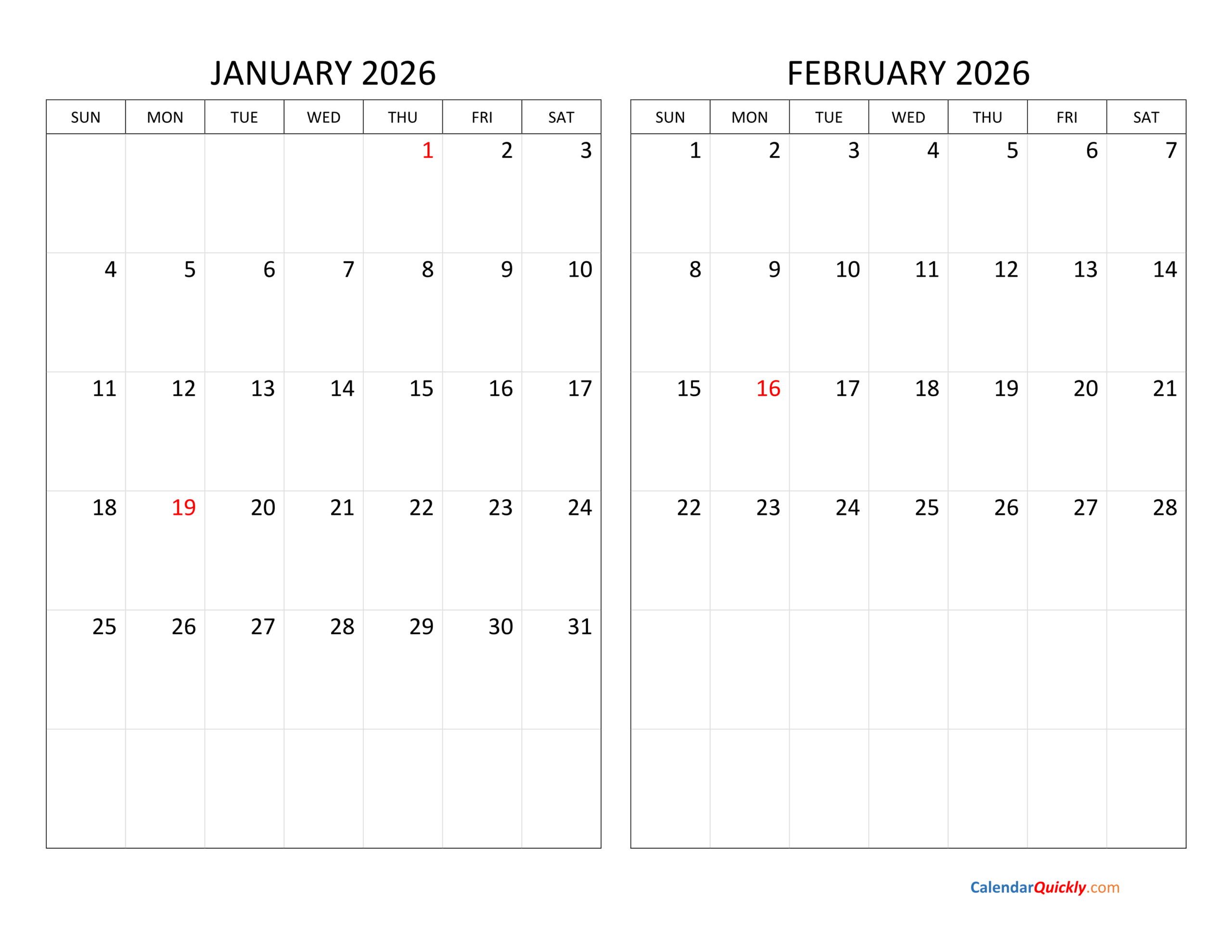 January And February 2026 Calendar | Calendar Quickly for January And February 2026 Calendar Printable