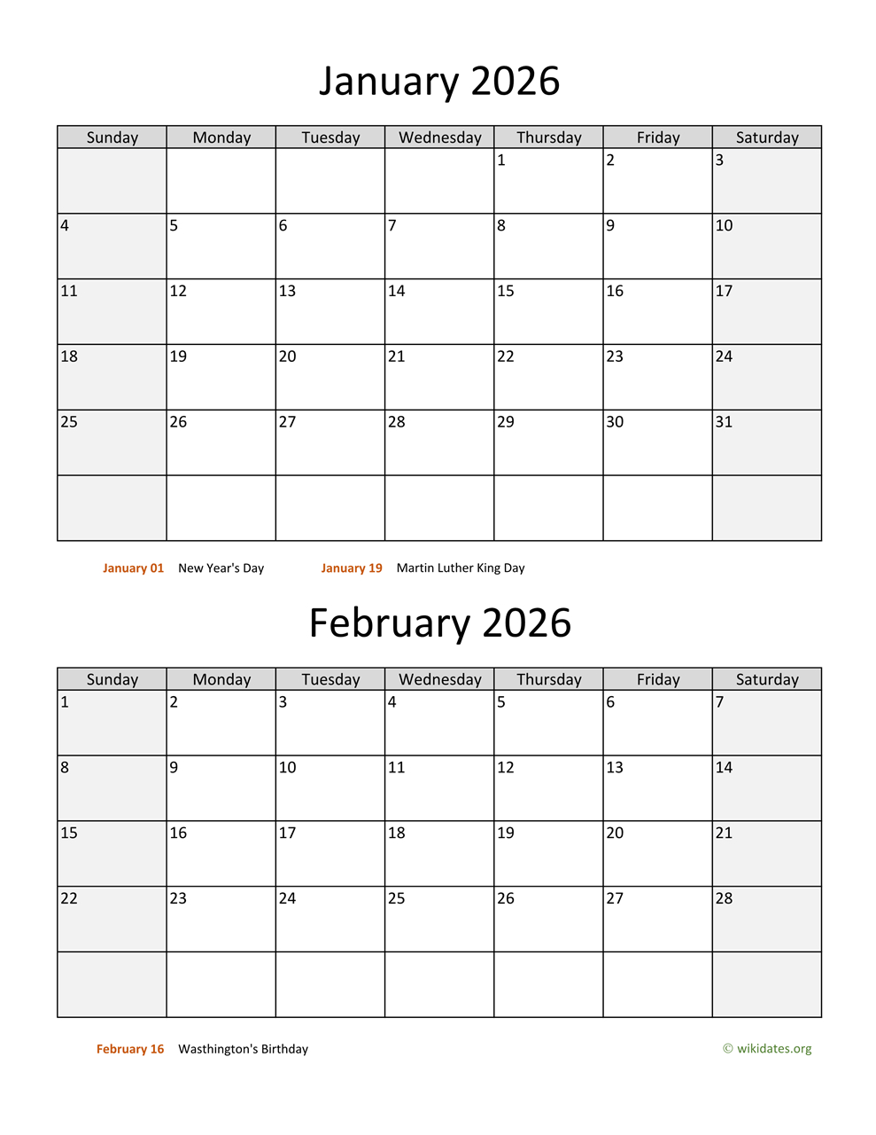January And February 2026 Calendar | Wikidates with January February March 2026 Printable Calendar