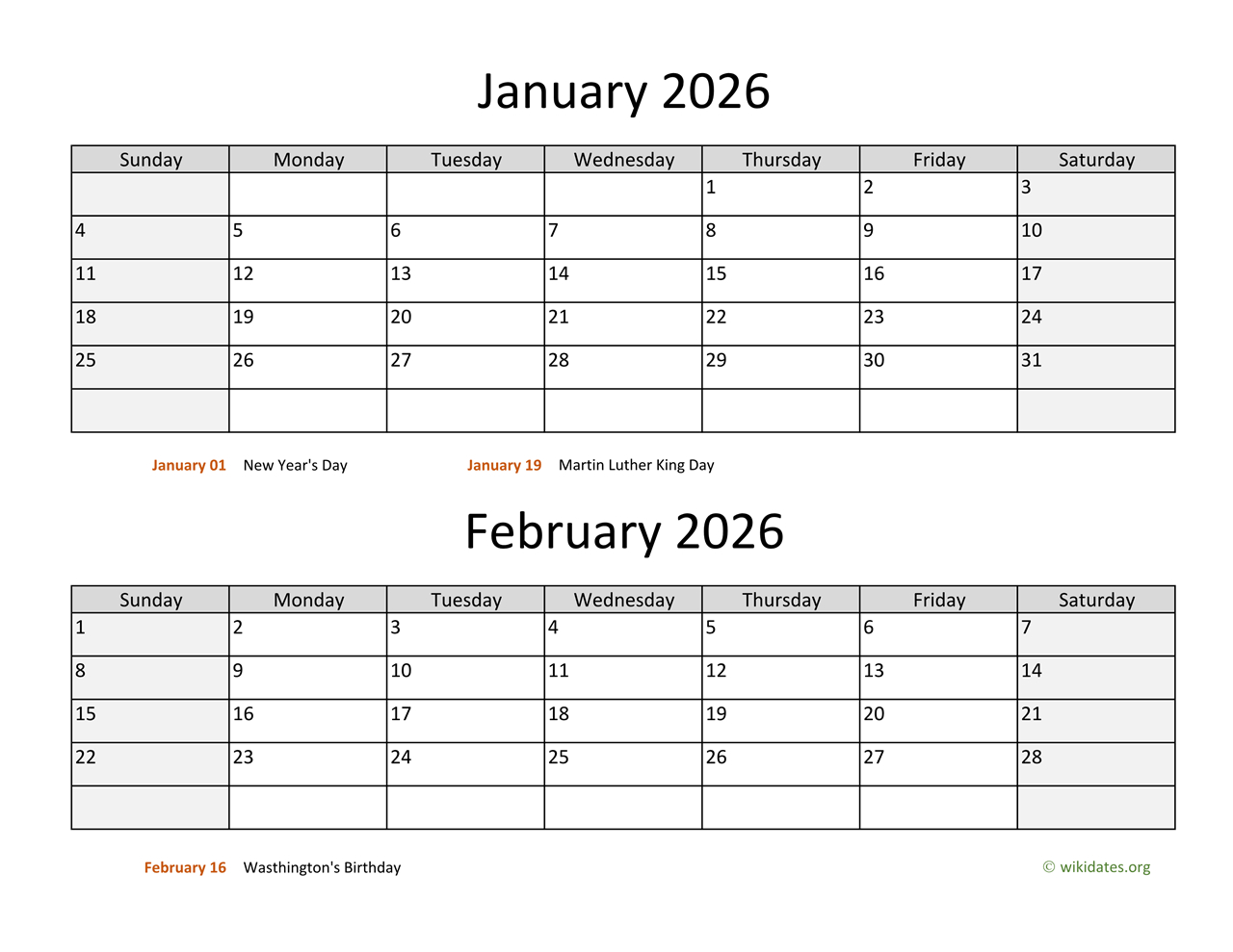 January And February 2026 Calendar | Wikidates within Printable January 2026 And February Calendar
