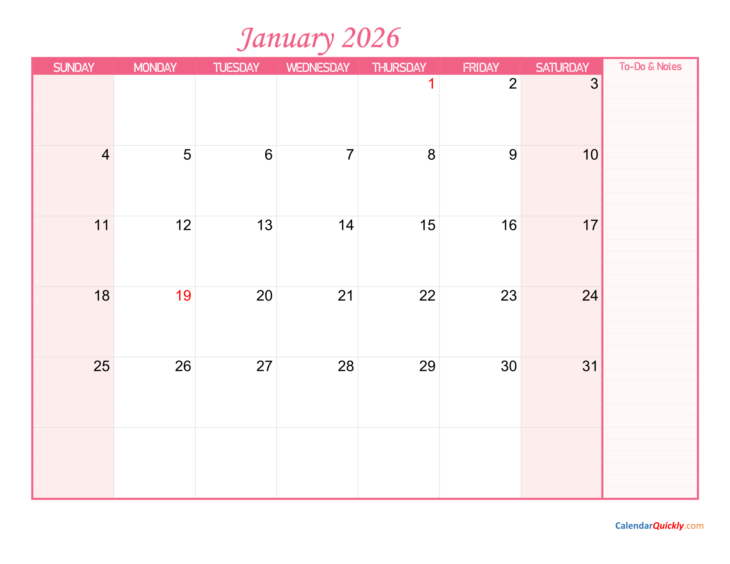January Calendar 2026 With Notes | Calendar Quickly within January 2026 Calendar Printable Pink