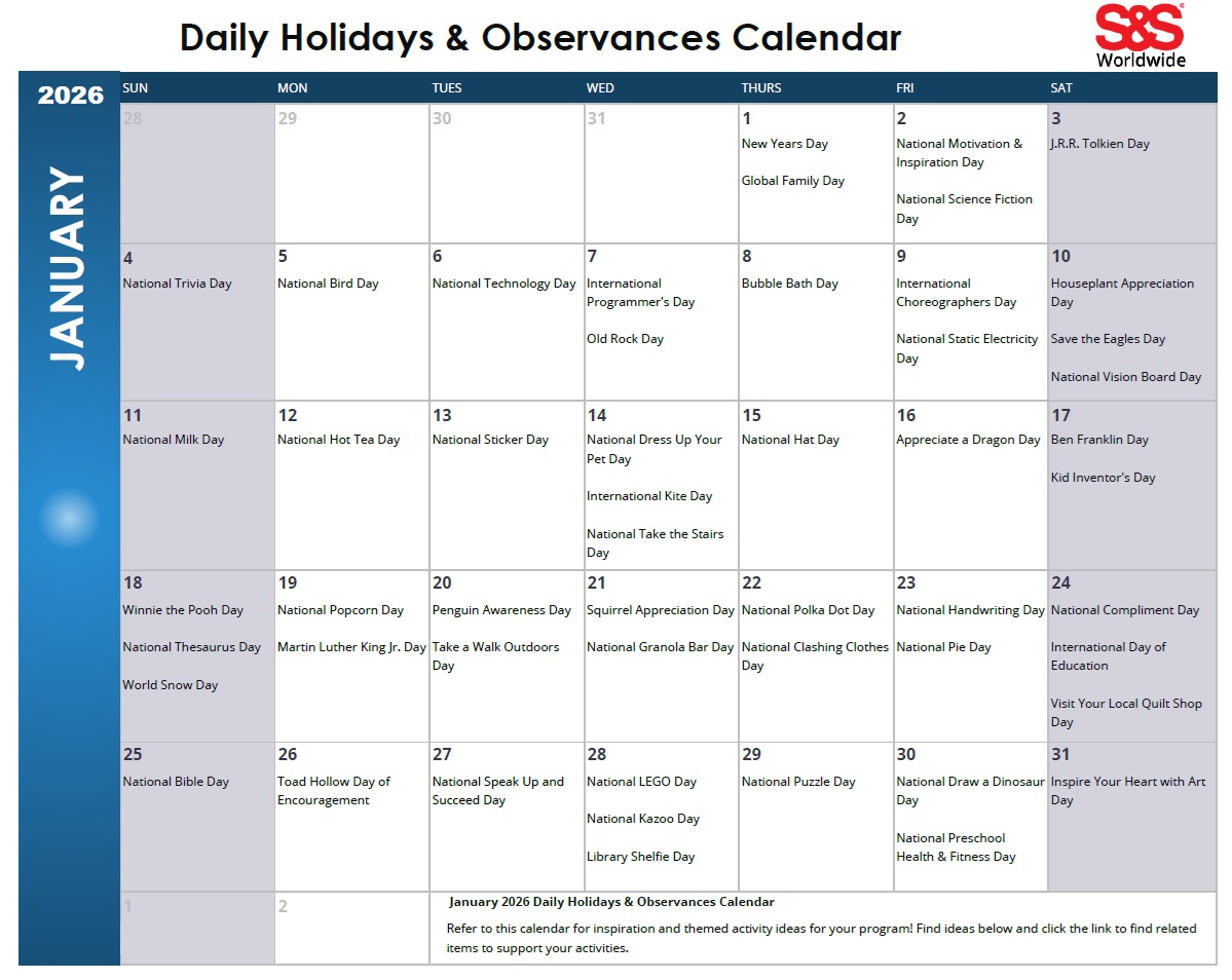 January Daily Holidays &amp;amp; Observances Printable Calendar - S&amp;amp;S Blog in January 2026 Daily Calendar Printable