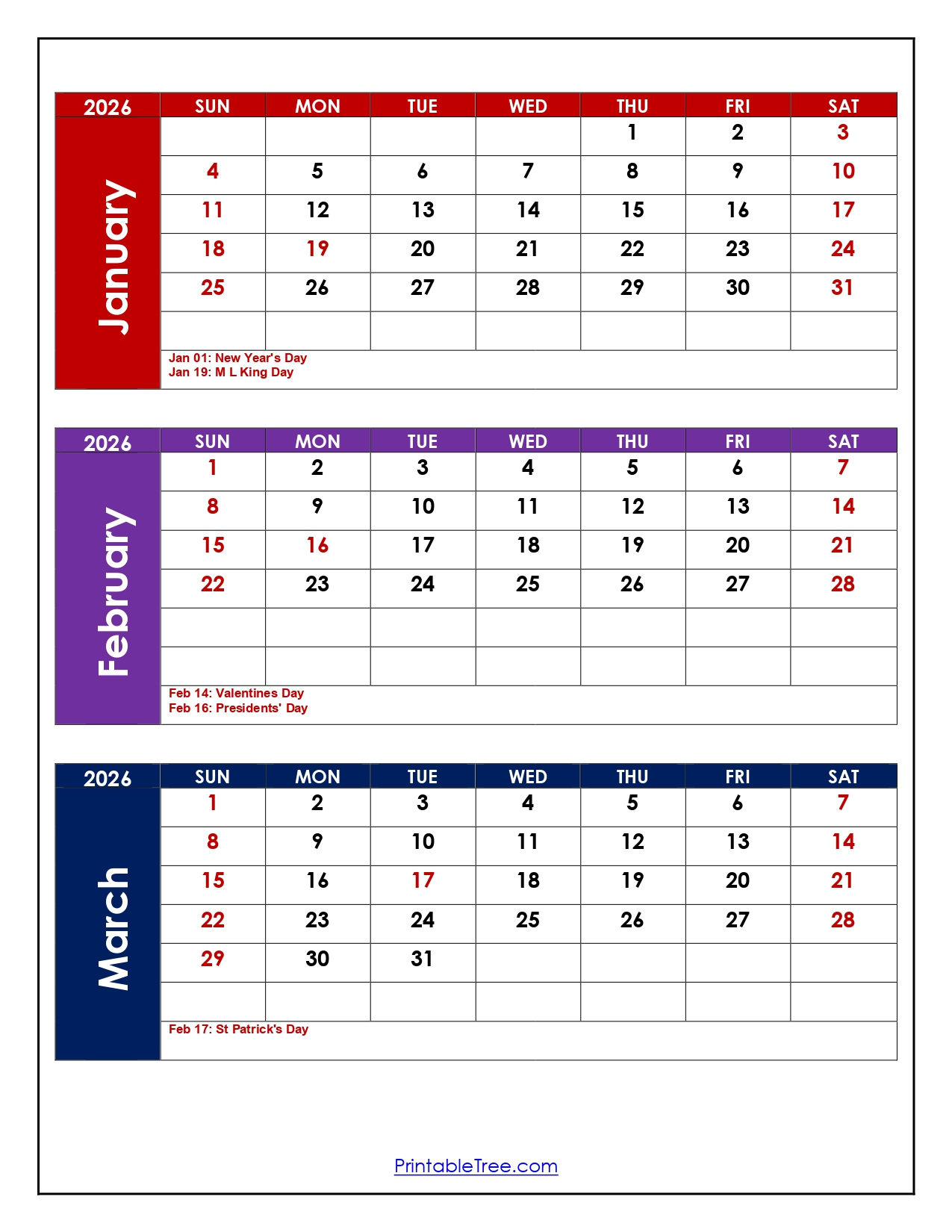 January To March 2026 Calendar- Three Month Calendar regarding January February March 2026 Calendar Printable