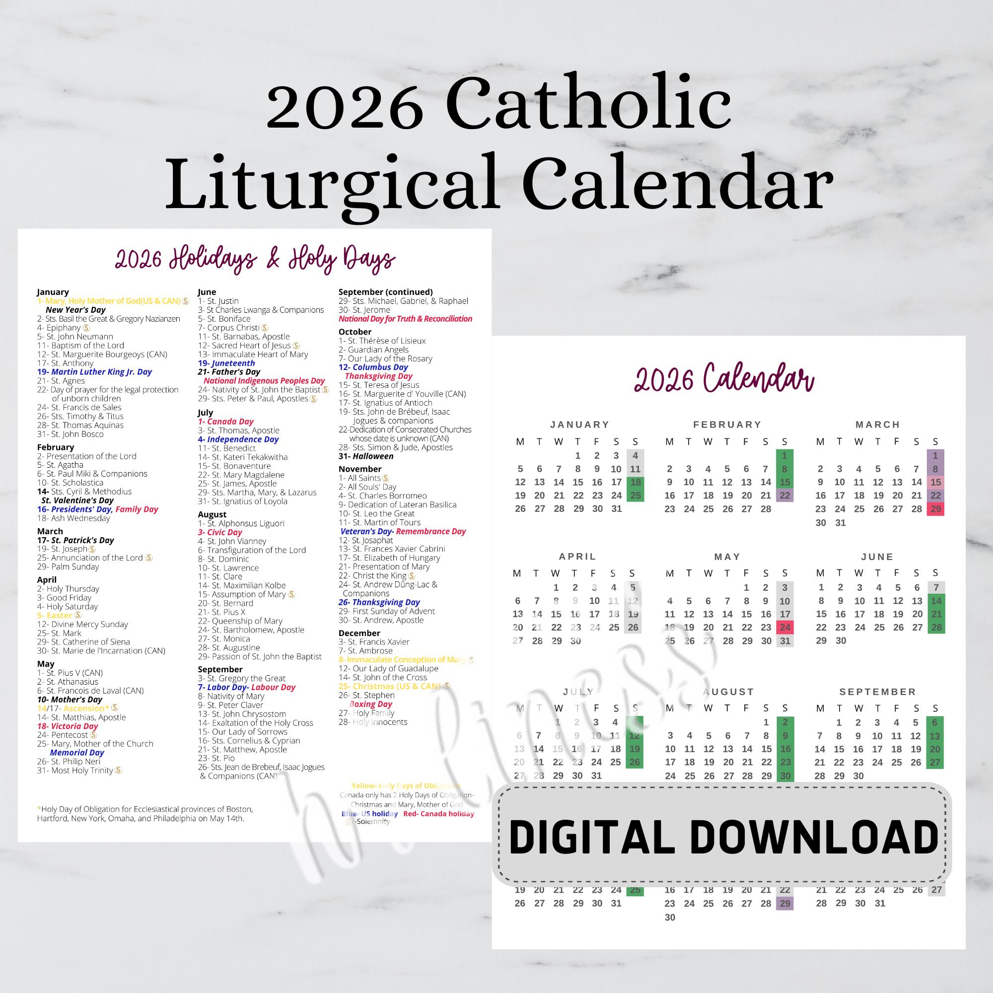 Liturgical Feast Days Calendar Printable - Etsy regarding Nyc Catholic School Calendar 2026 To 2027