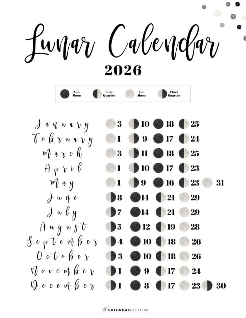 Lunar Calendar 2026 - 12 Moon Phase Calendar Printables in 2026 Full Moon Calendar Printable