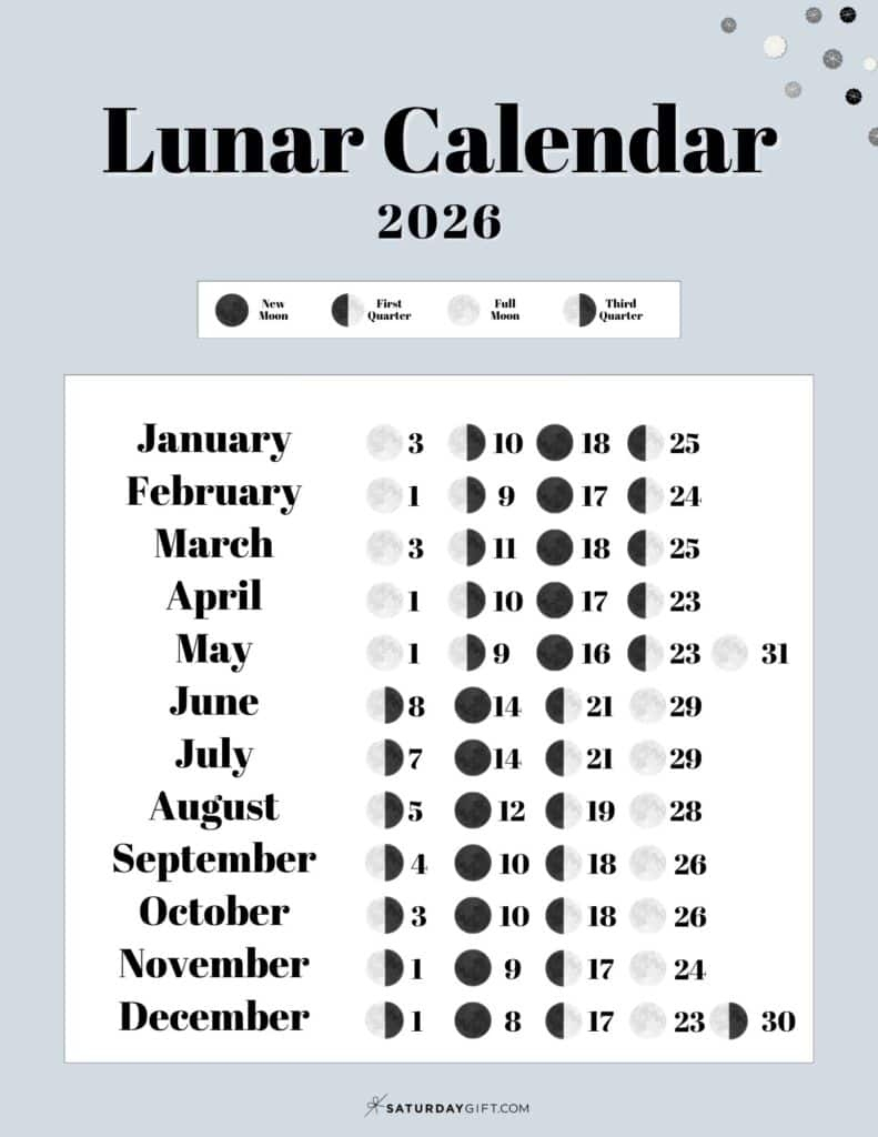 Lunar Calendar 2026 - 12 Moon Phase Calendar Printables with New Moon And Full Moon Calendar 2026