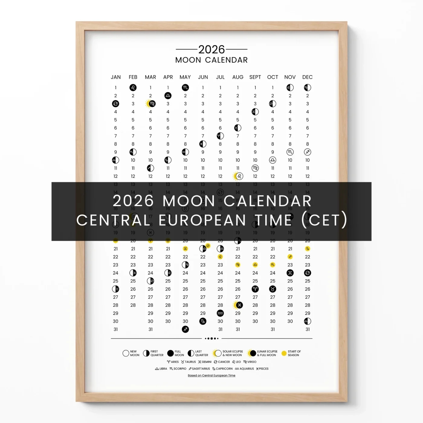Lunar Calendar 2026 Poster – Moon Phases Wall Art (Cet) pertaining to Moon Phase Calendar 2026