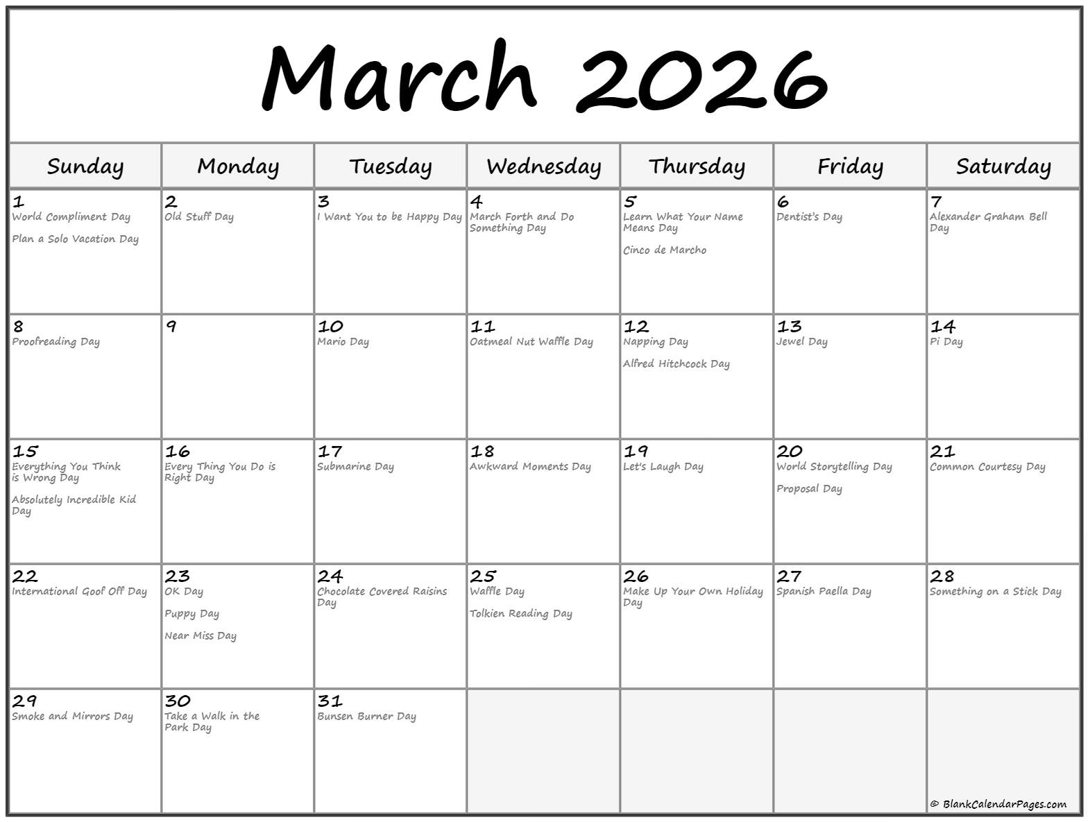 March 2026 With Holidays Calendar for National Day Calendar March 2026